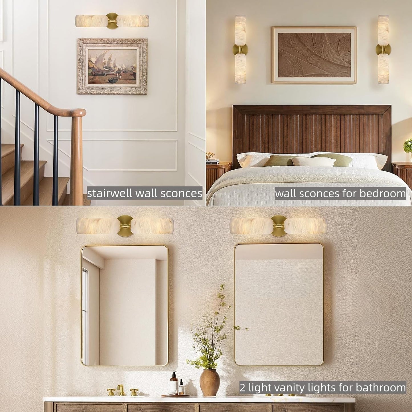 20in Alabaster Wall Sconce Antique Brass Sconces Wall Lighting, Imported Alabaster Modern Marble Bathroom Vanity Sconces, Gold Sconce Wall Decor, For Bedroom Living Room Staircases Hallway Foyer