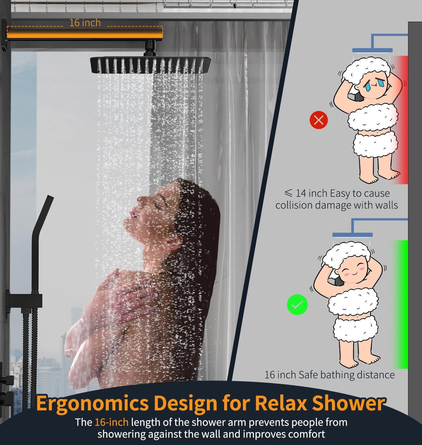 SR SUN RISE 12 Inches Matte Black Shower System 12 Inch Brass Bathroom Luxury Rain Mixer Shower Combo Set Wall Mounted Rainfall Shower Head System Shower Faucet Rough-in Valve Body and Trim Included