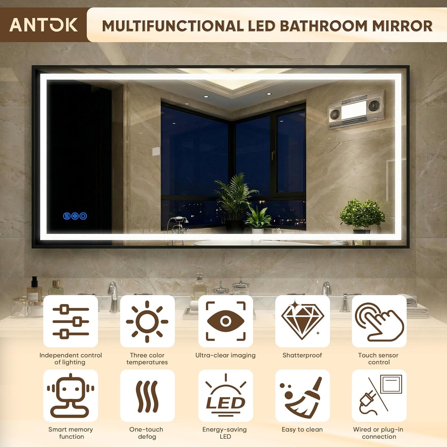 Antok 72X32 LED Bathroom Mirror with Lights, Vanity Mirror for Wall with Black Frame, Touch Control, Anti-Fog, Dimmable Lights, Shatter-Proof, Memory Function, Wall-Mounted Vanity Mirrors