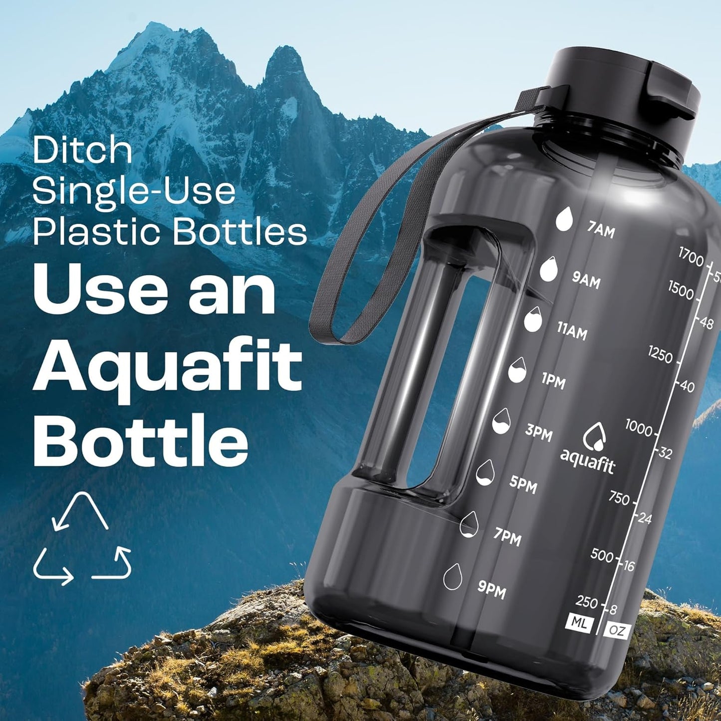 AQUAFIT 64 oz Water Bottle with Time Marker - Straw & Chug Lid - BPA Free Half Gallon Gym Water Bottle with Handle - Big Gallon Jug (Aqua, 64 Ounces)
