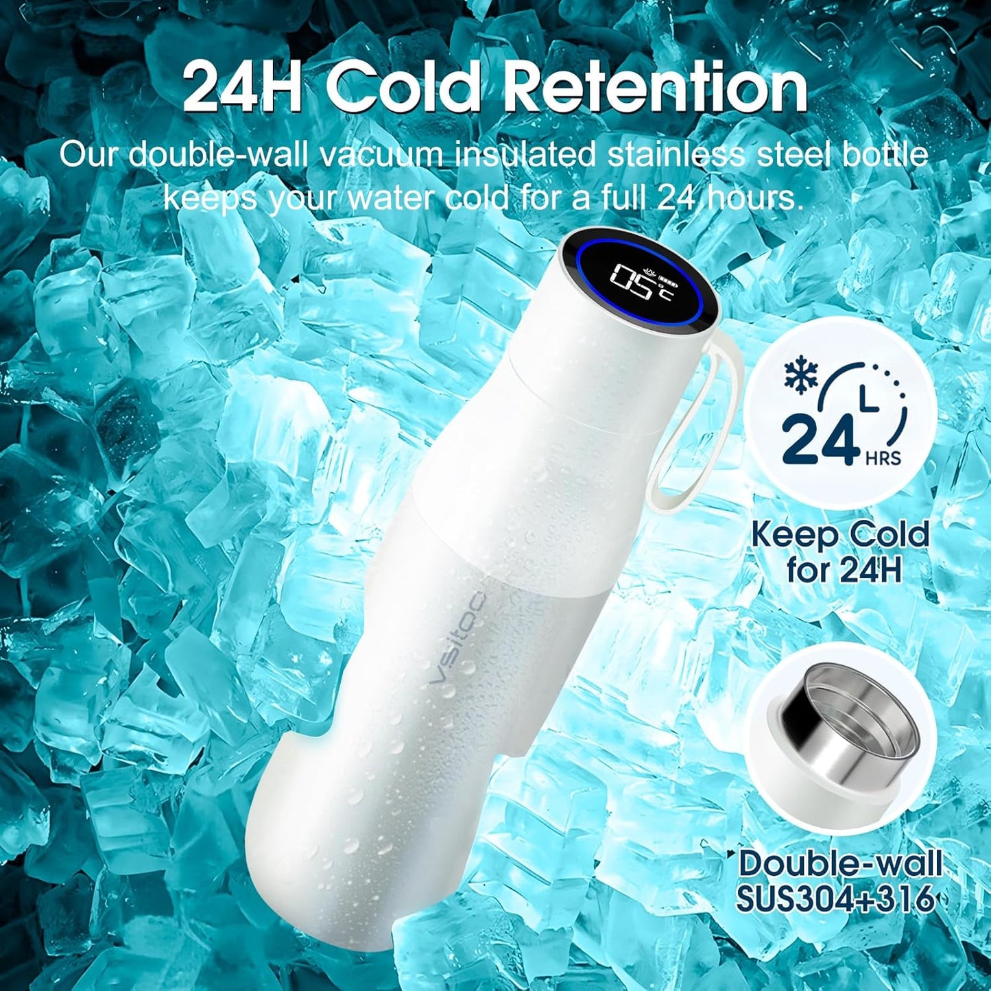 VSITOO 15oz Smart Self Cleaning Water Bottle,Insulated Water Bottle with Stainless Steel, BPA-Free, AI Self-Clean, 30-Day Battery, Magnetic Charging for Travel, Gym or Office, White