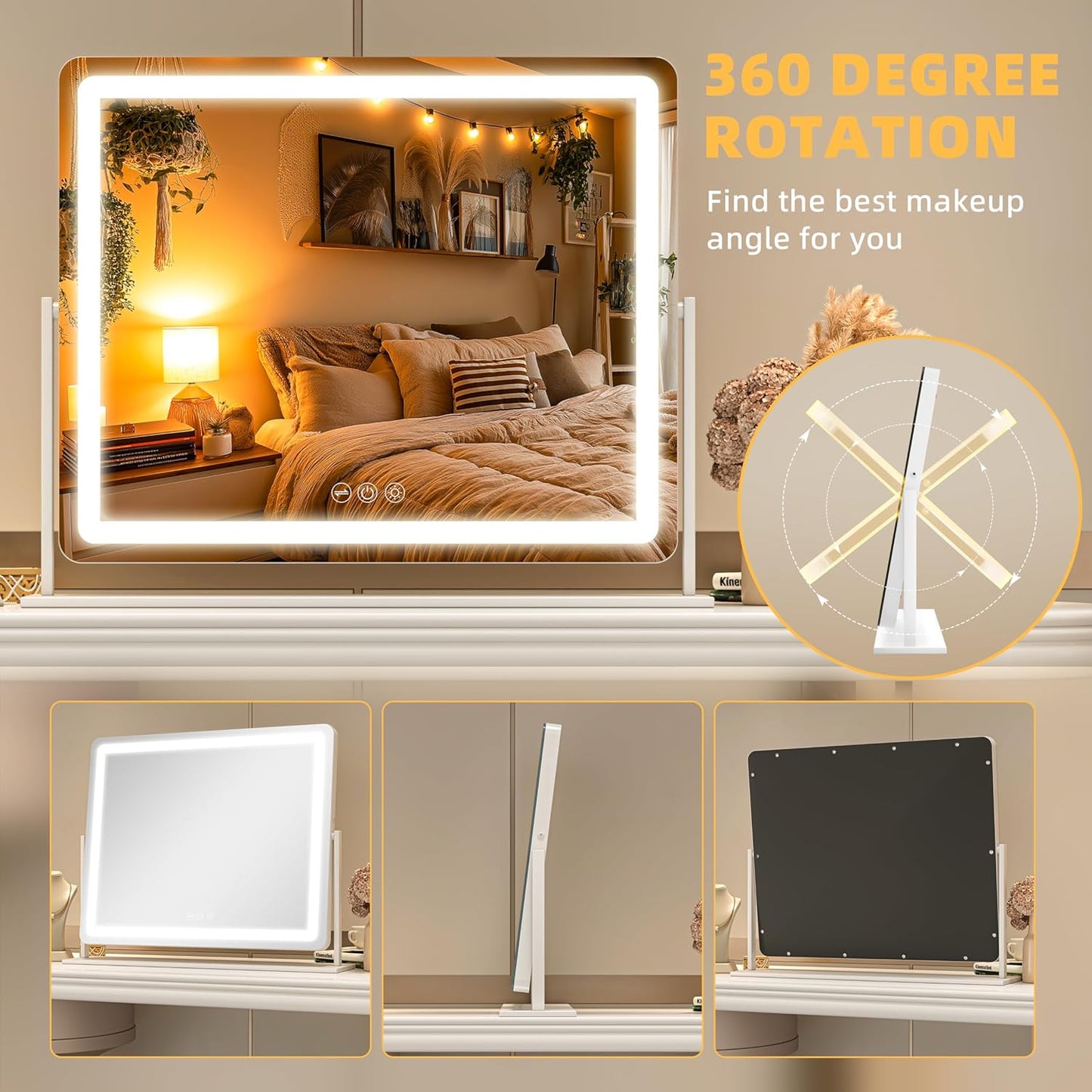 Vanity Mirror with Lights, 23.6'' x 20'' Lighted Makeup Mirror, Touch Screen with 3-Color Lighting, Dimmable for Vanity Desk Tabletop Round White