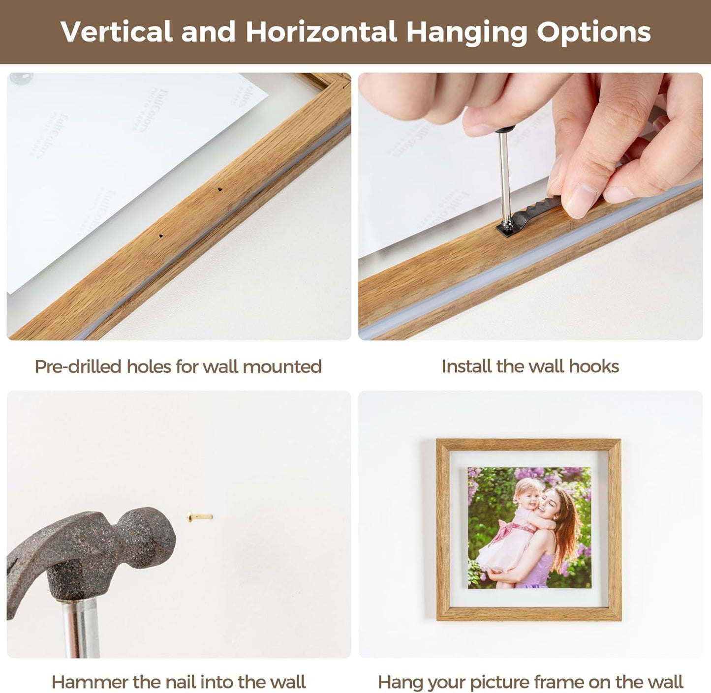 Axeman 11x14 Floating Picture Frame - Solid Oak Wood Square Picture Frame, Double Tempered Glass Photo Frame 4x6 5x7 8x10 11''x14'' Wood Frame, Wall Mount Or Tabletop Standing, Natural
