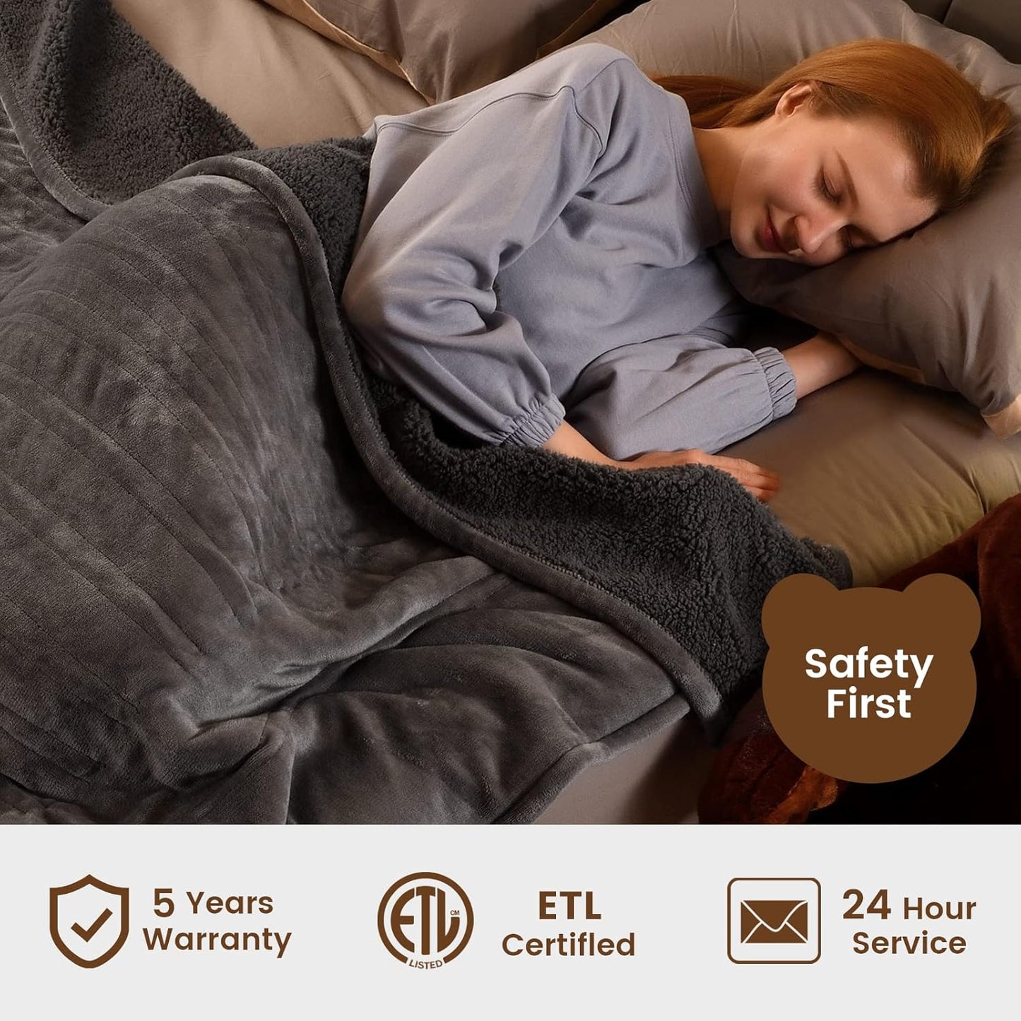 Bearhug Electric Blanket Twin Size 62" x 84", Velvet & Sherpa Heated Blanket, 10 Heating Levels & 1-12H Auto Off, Over-Heat Protect, ETL Certification, Machine Washable