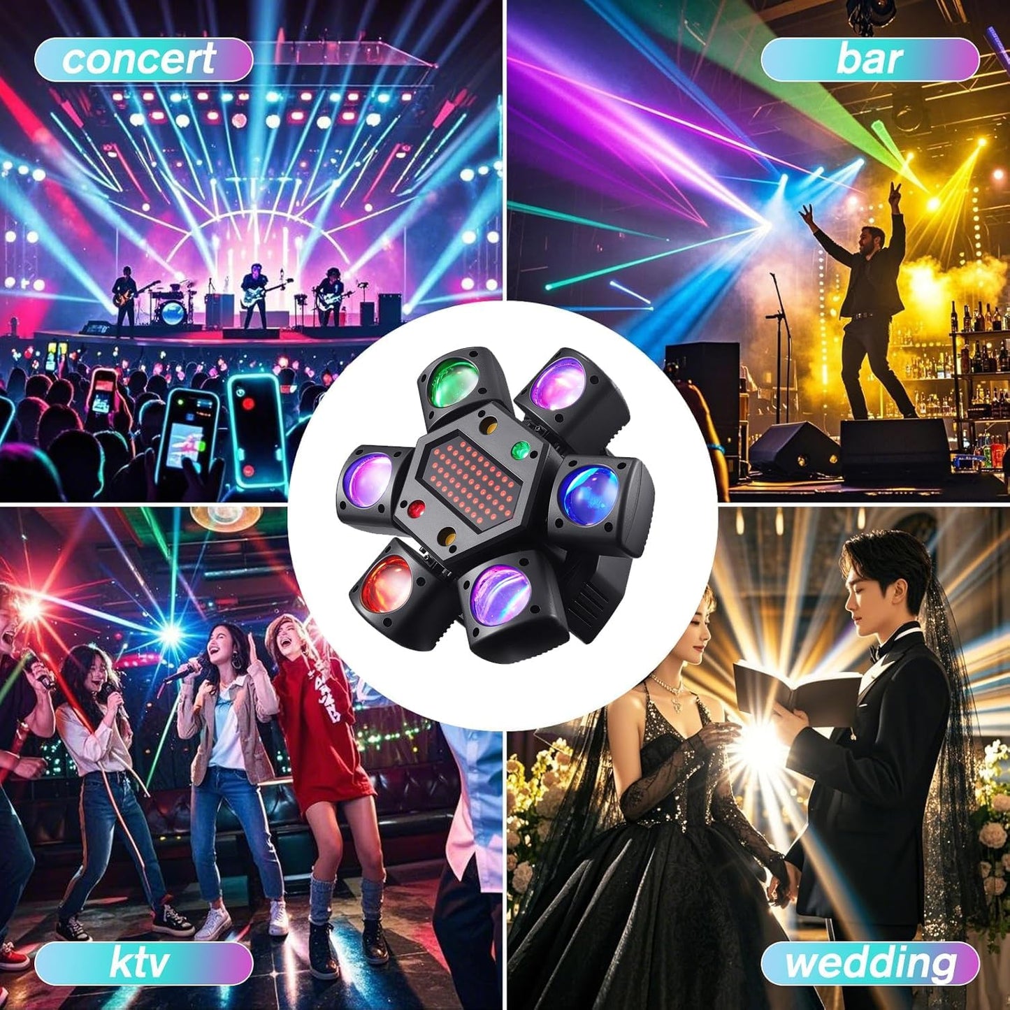 Mini Moving Head DJ Lights, 6-Arm Disco Lights with Remote Control 80w RGBW 4in1 LED DJ Stage Lighting Sound Activated DMX 512 Control for Disco Club Wedding Party Christmas