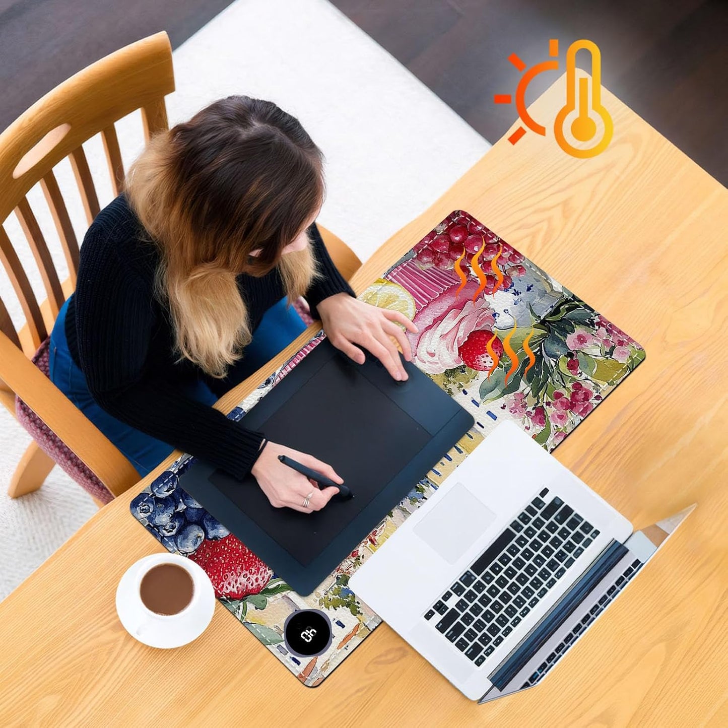 Heated Mouse Pad 23.6 x 14 in 3-Temp Fast Heating Desk Mat with Auto Timer Warmer for Hands Wrist Pain Relief Waterproof Keyboard Mat for Office, Gaming, Home, Sweet Treats Garden