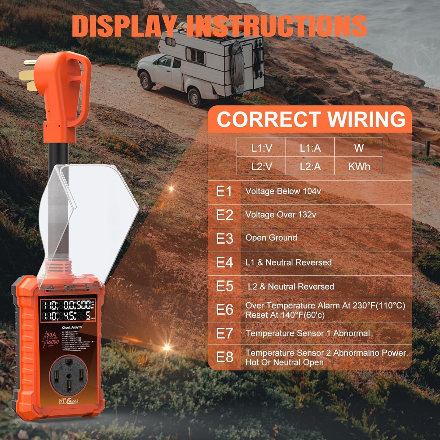 50 Amp RV Surge Protector 16,000J with Smart LED Display & Real-Time Voltage/Current/KWH Monitoring, Auto Shutoff/Reset, High/Low Voltage, Waterproof, Circuit Analyzer, Clear Error Codes for Campers