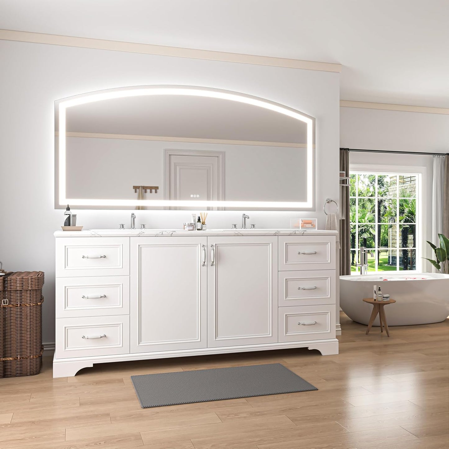 Hasipu 77" x 36" Arch LED Bathroom Mirror, Frontlit Wall-Mounted Vanity Mirror with Lights, Defogging, Smart Touch, Dimmable 3 Color Modes, Safety Shatterproof Glass Coating