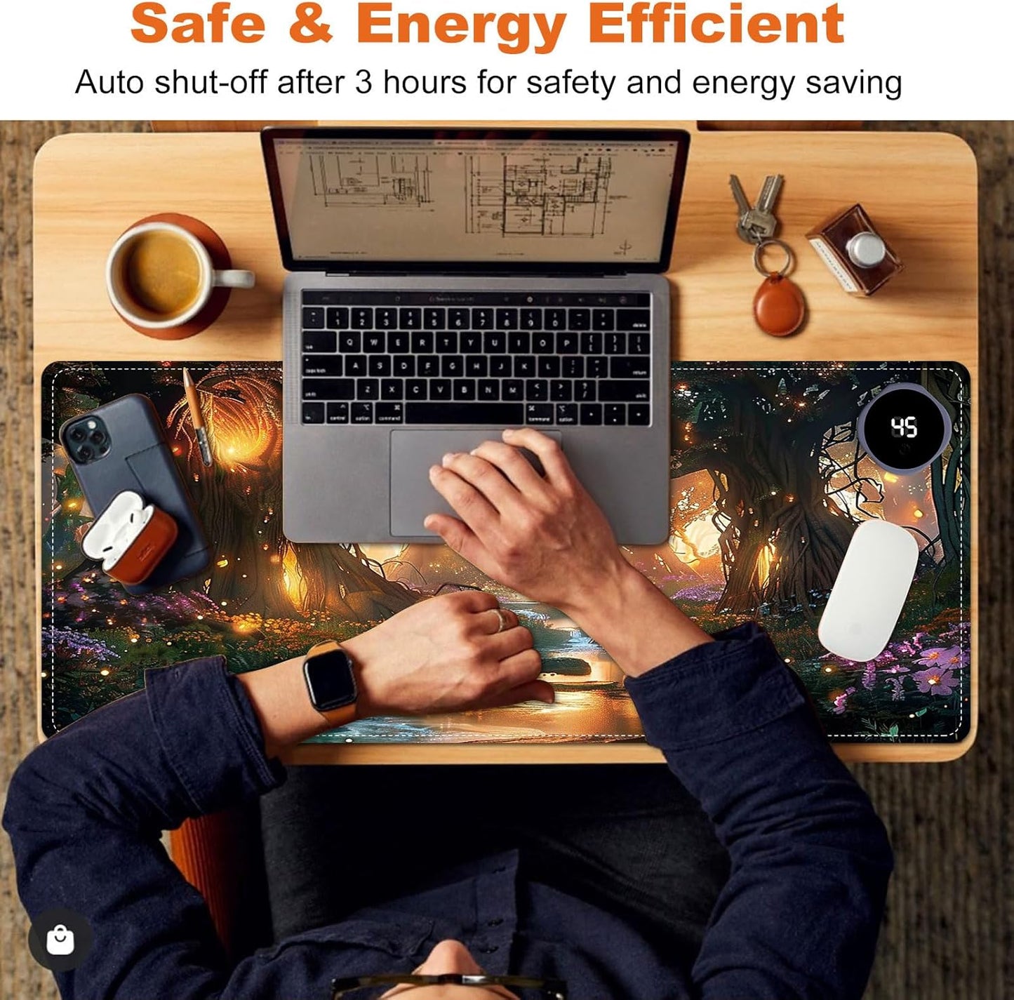 Heated Mouse Pad for Desk 31.5" x 13" – PU Leather Warm Desk Pad with 3 Heat Levels (104°F/113°F/122°F), Plug-in Electric Heating Mat with Auto Shut-Off, Waterproof & Rollable, Glowing Forest