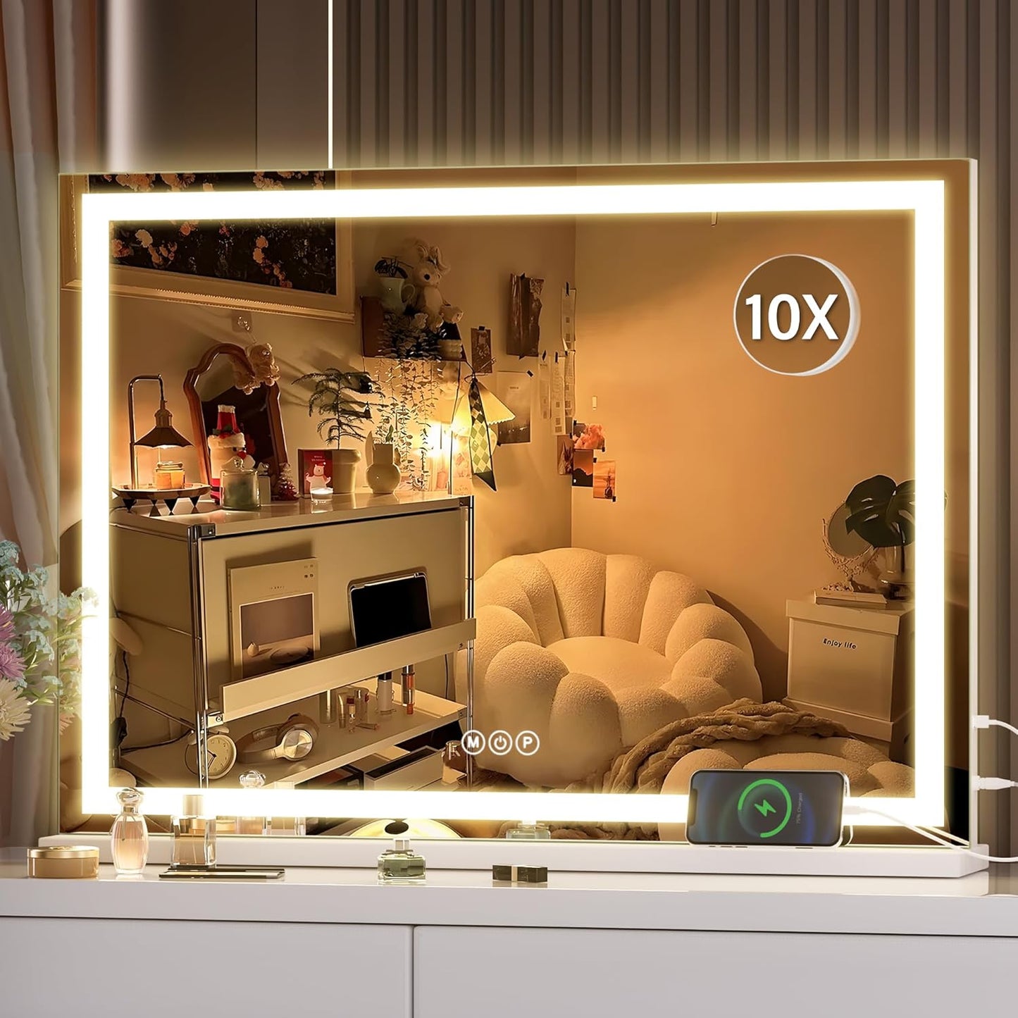 Hasipu Vanity Mirror with Lights, 28" x 20" LED Makeup Mirror, Lighted Makeup Mirror with Dimmable 3 Modes, Touch Screen Control Vanity Mirror Square White