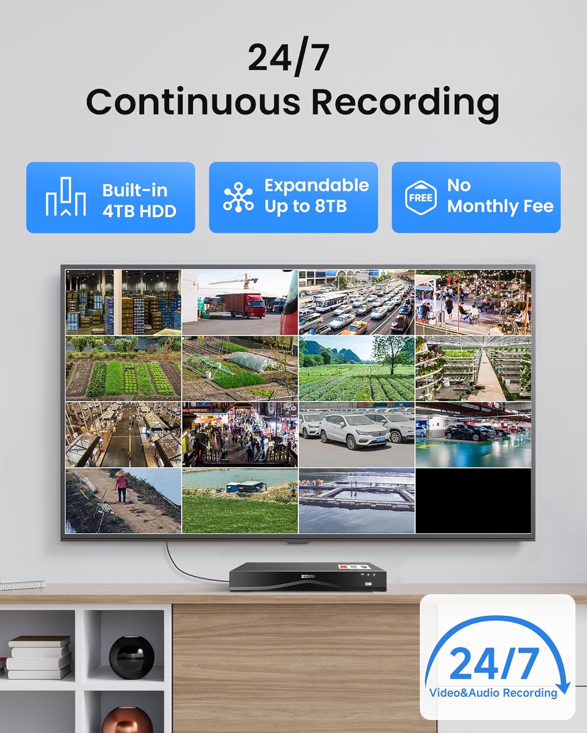 ZOSI 16CH 4K PoE Security Camera System,8pcs 8MP Outdoor Indoor Cameras,Person Vehicle Detection,People Counting,One-Way Audio,100ft Night Vision,16Port 32-Channel NVR with 4TB HDD for 24/7 Recording