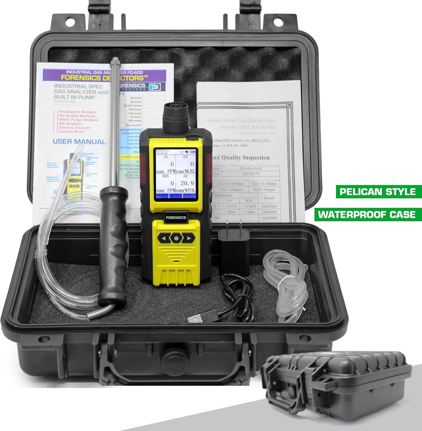 4 Gas Monitor by Forensics | Built-in Pump Multi Gas Meter | O2, CO, H2S, LEL | Color Display & Graphing | USA NIST Calibration | Computer Data Logging |