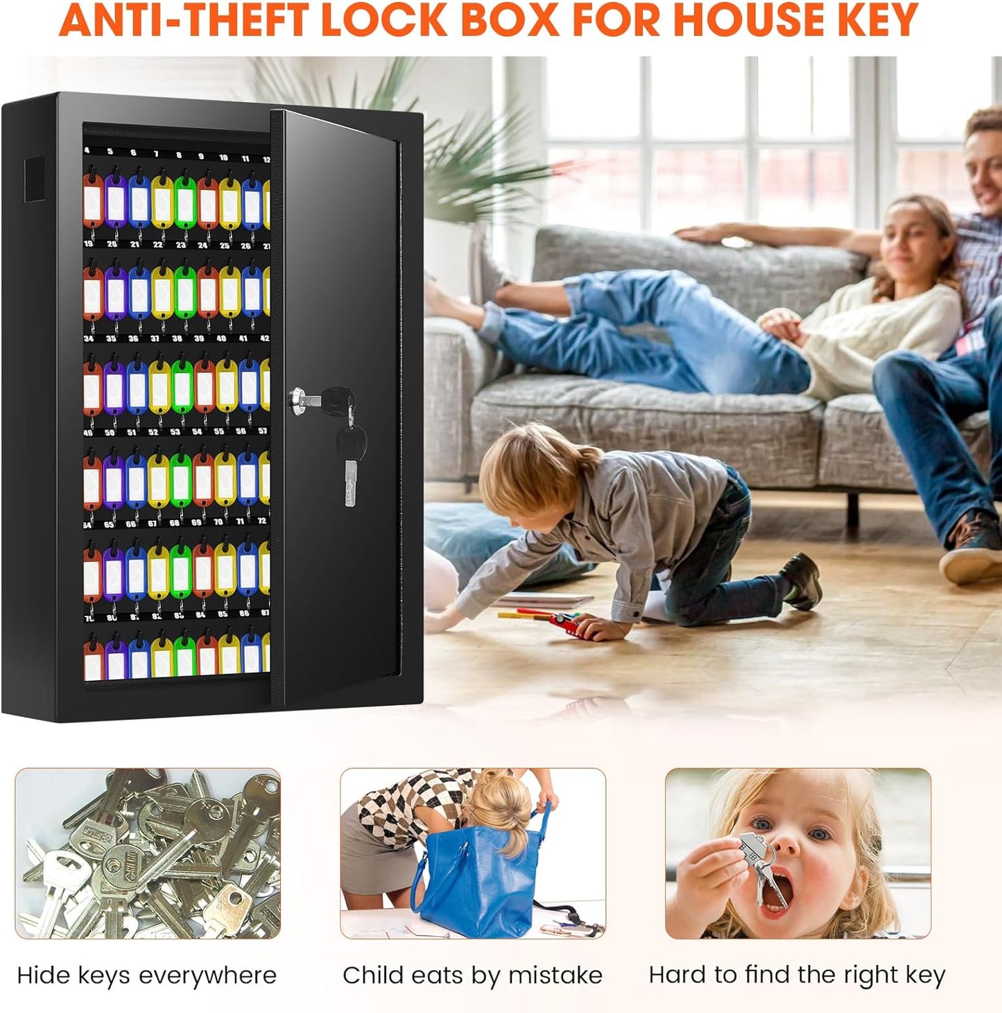 125 Position Key Cabinet Wall Mount with Anti-Theft Deposit Key Slot, Key Box Organizer with Key Hooks & 125 Tags Key Labels, Key Safe for Hotels & Office & Companies & Car Dealerships
