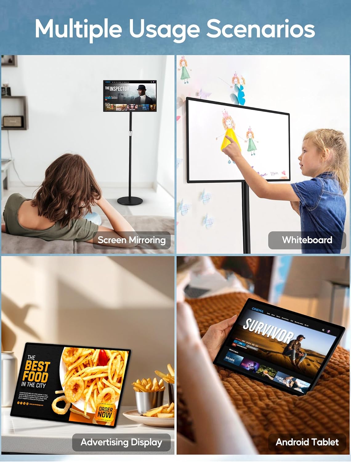 15.6" Digital Signage Capacitive Touchscreen Advertising Display with Adjustable Stand, 10000mAh Battery, Android 11 Commercial LCD Monitor with Auto Play, Wireless Screen Mirroring, 4+64GB