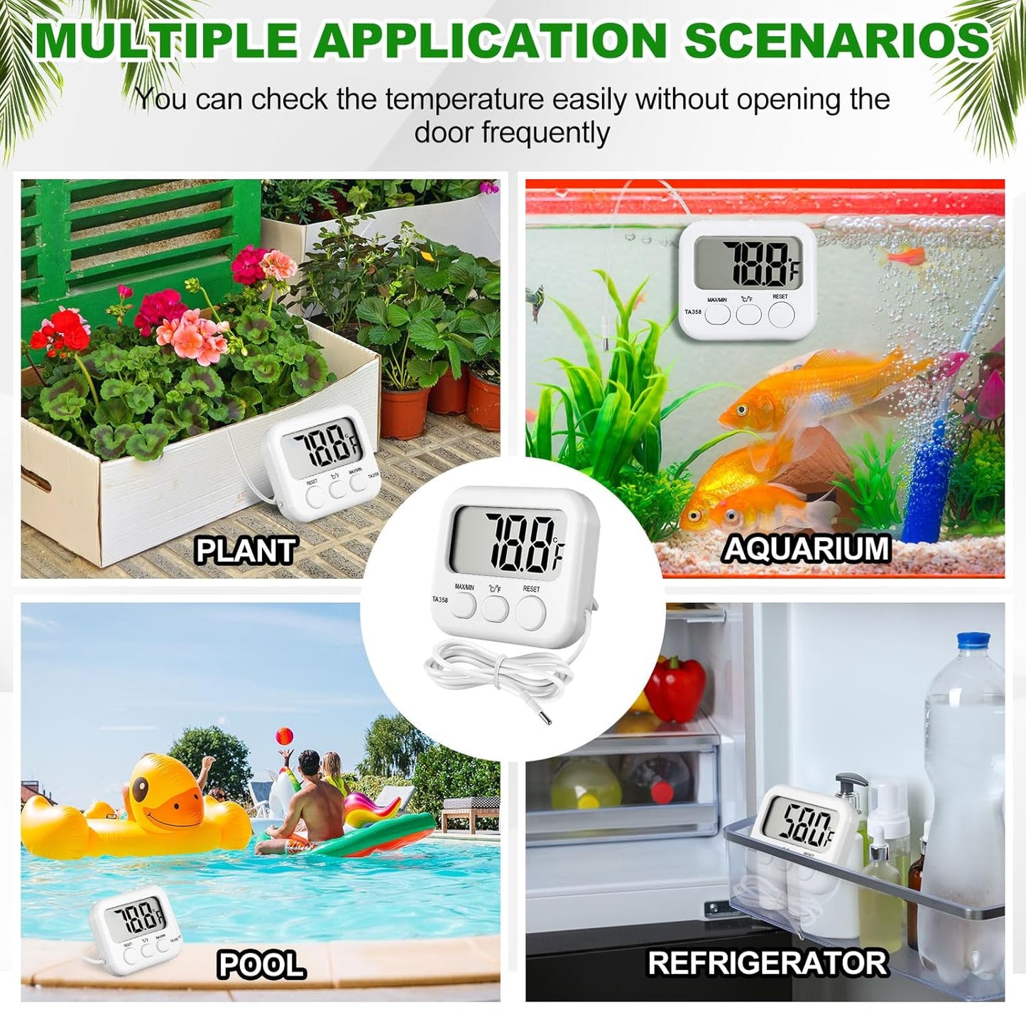 Kingdder 3 Pack Digital Thermometer with External Sensor Fridge Thermometer Freezer Waterproof Room Temperature Monitor with LCD Display, Max/min Record Function for Kitchen Aquarium Greenhouse