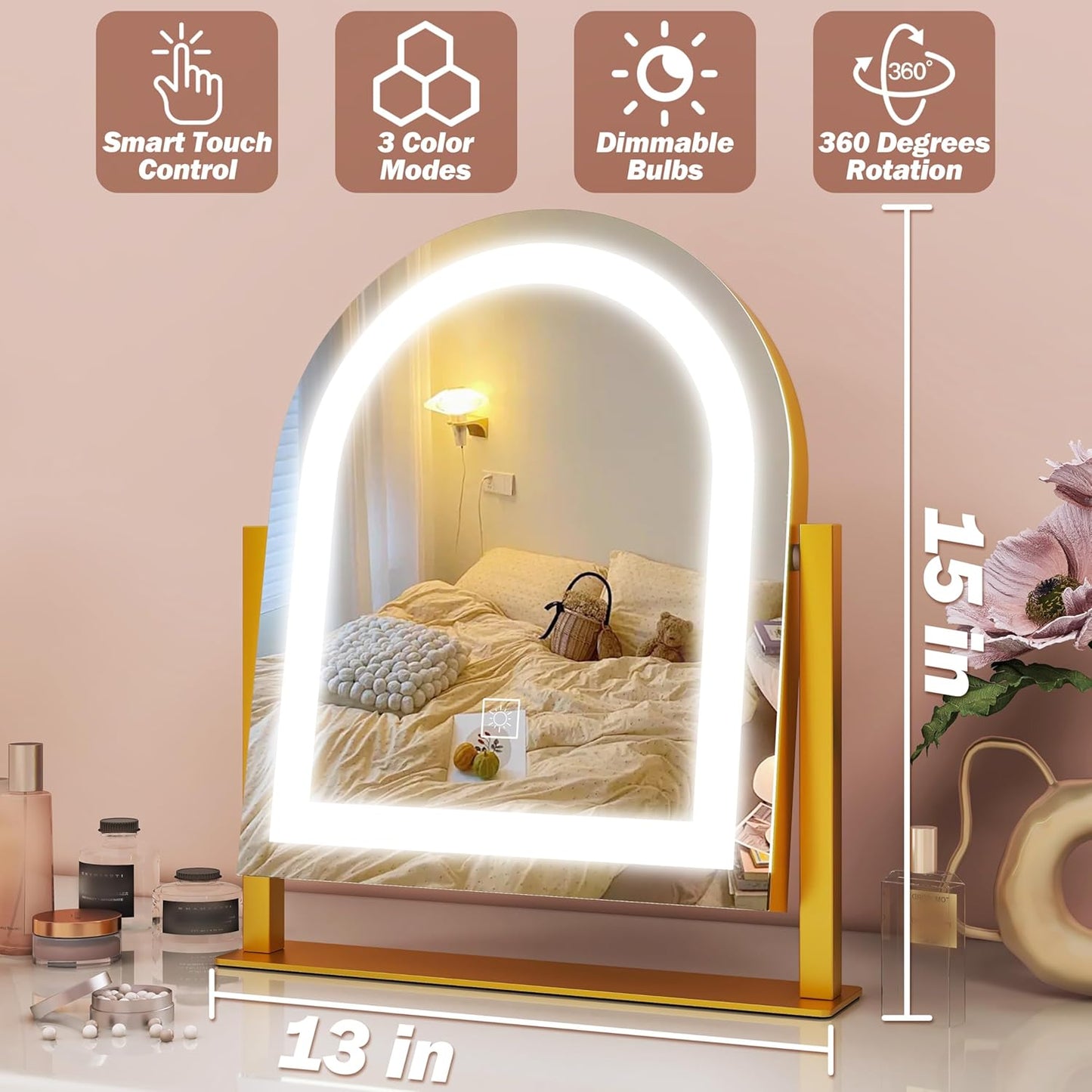 FENNIO Large Vanity Mirror with Lights - 15.5"x13" LED Lighted Makeup Mirror with Lights, 10X Magnification, Touch Screen with 3-Color Lighting, Dimmable, for Vanity Desk Tabletop, Bedroom(Gold)
