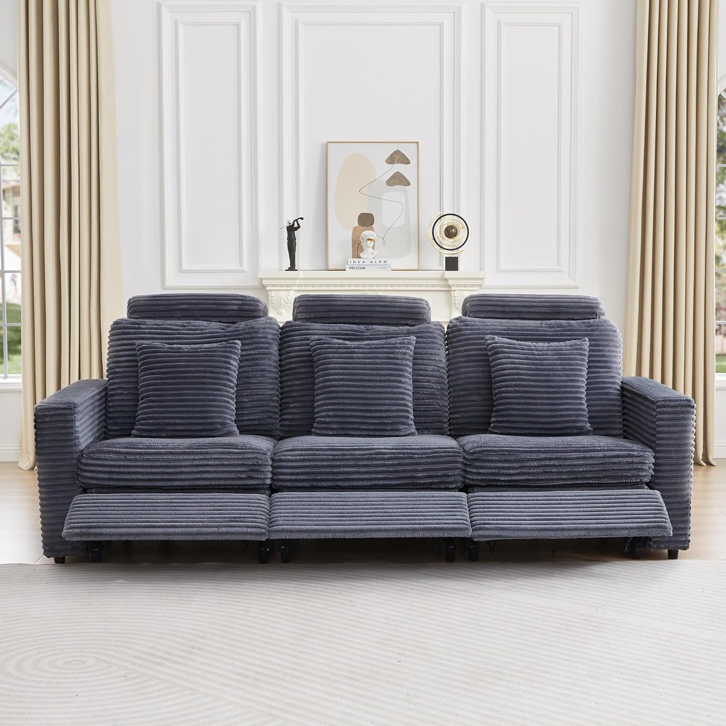 LEVNARY 3-Seater Modular Reclining Sofa, Faux Rabbit Fur Power Recliner Couch with 3 Electric Seats, 3 Pillows & Side Pockets, Adjustable Back & Footrest, Living Room Furniture (Gray)