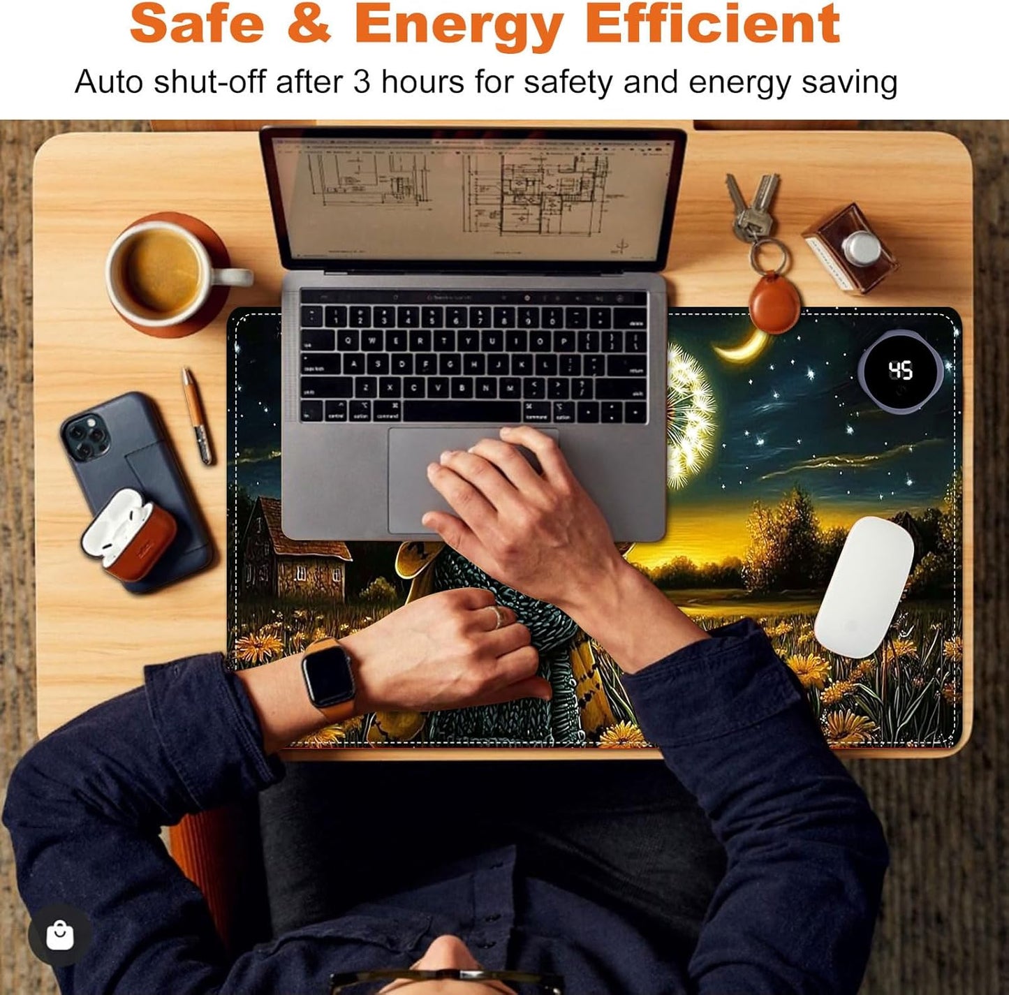 Small Heated Desk Pad 23.6" x 14.2" – Compact Electric Mouse Pad with 3 Heating Levels, Auto Shut-Off, Waterproof PU Surface, Plug-in Warmer for Office or Home Use, Mouse with Dandelion