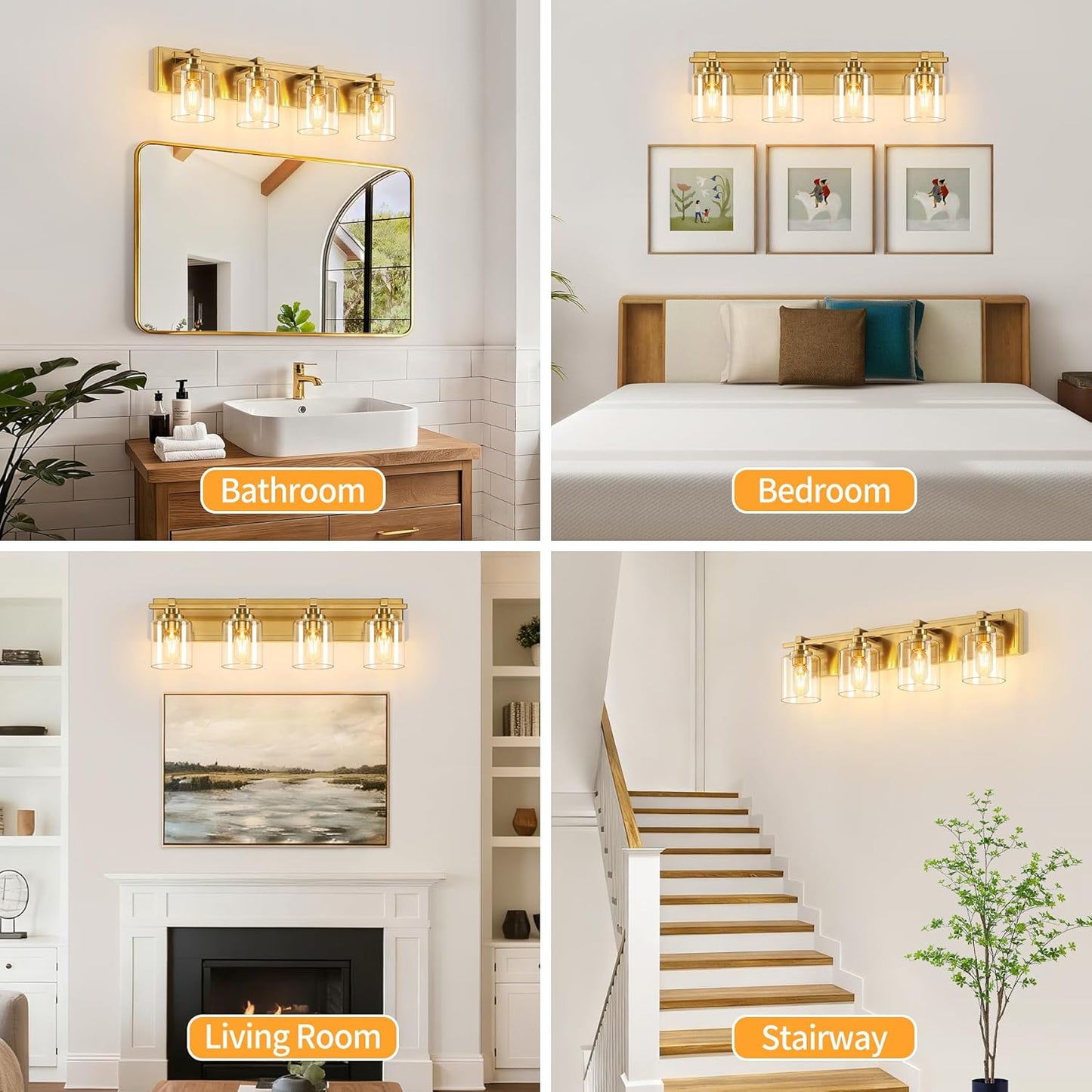 4 Light Modern Bathroom Light Fixtures Over Mirror, Brass Finish Vanity Lights for Bathroom Wall Sconces with Clear Glass Shades, E26 Socket (Bulbs Not Included)