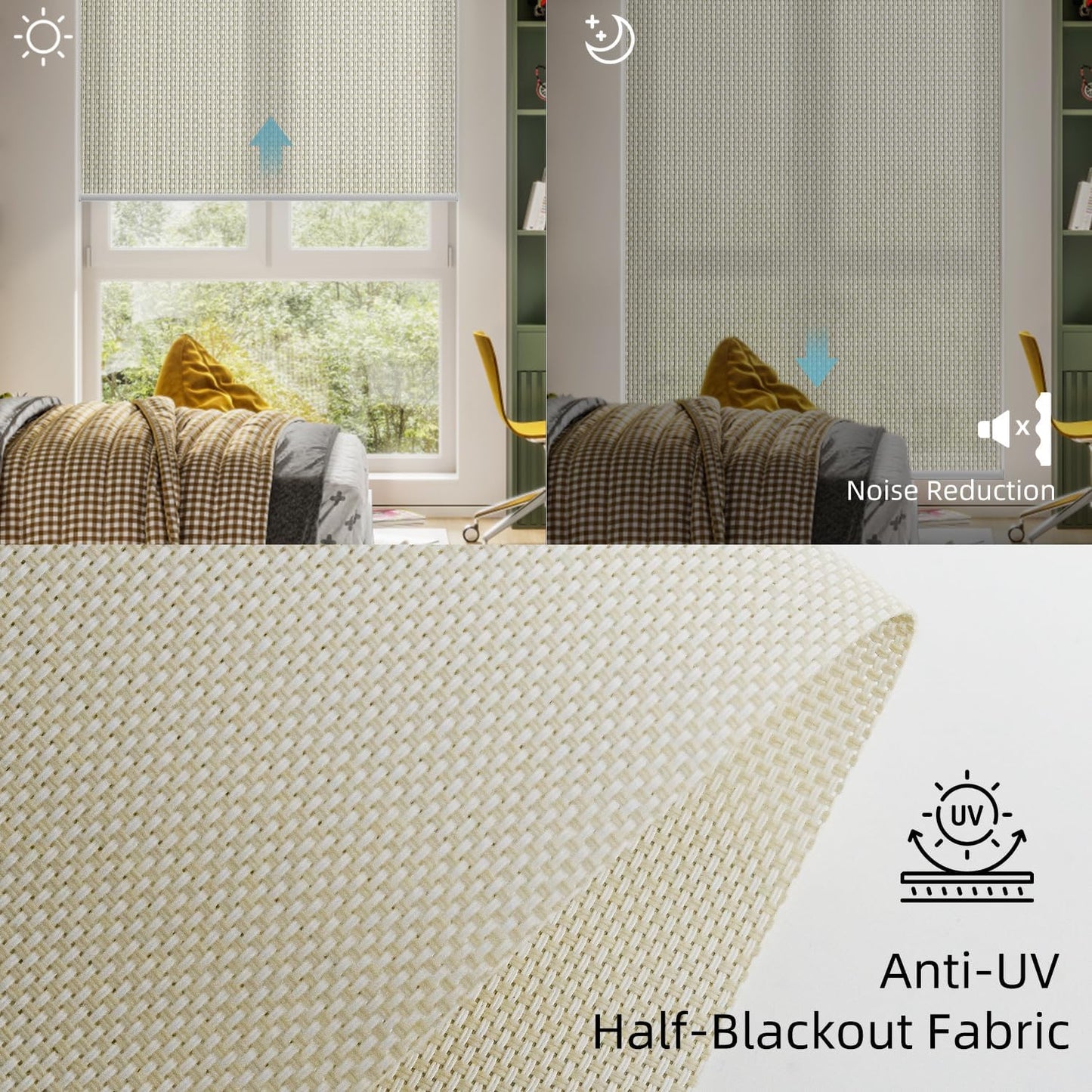 SmartWings Motorized Roller Shades 5% Openness Work with Homekit, Alexa SmartThings Google, Zigbee Motor Smart Blinds for Windows, Cordless Remote Window Shades, Rechargeable, Customized, White Linen
