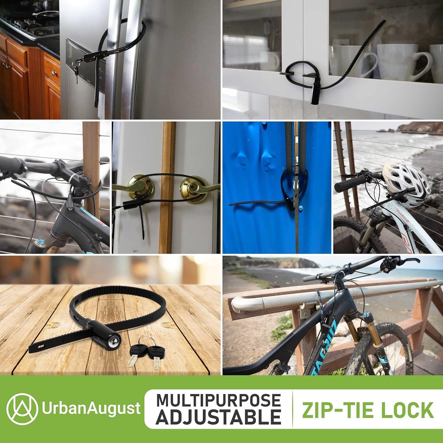 Urban August Adjustable Zip Tie Lock for Refrigerator Door Cabinet Bike Stroller Helmet - Multi-Purpose Keyed French Door Lock (10 Pack Keyed Alike)