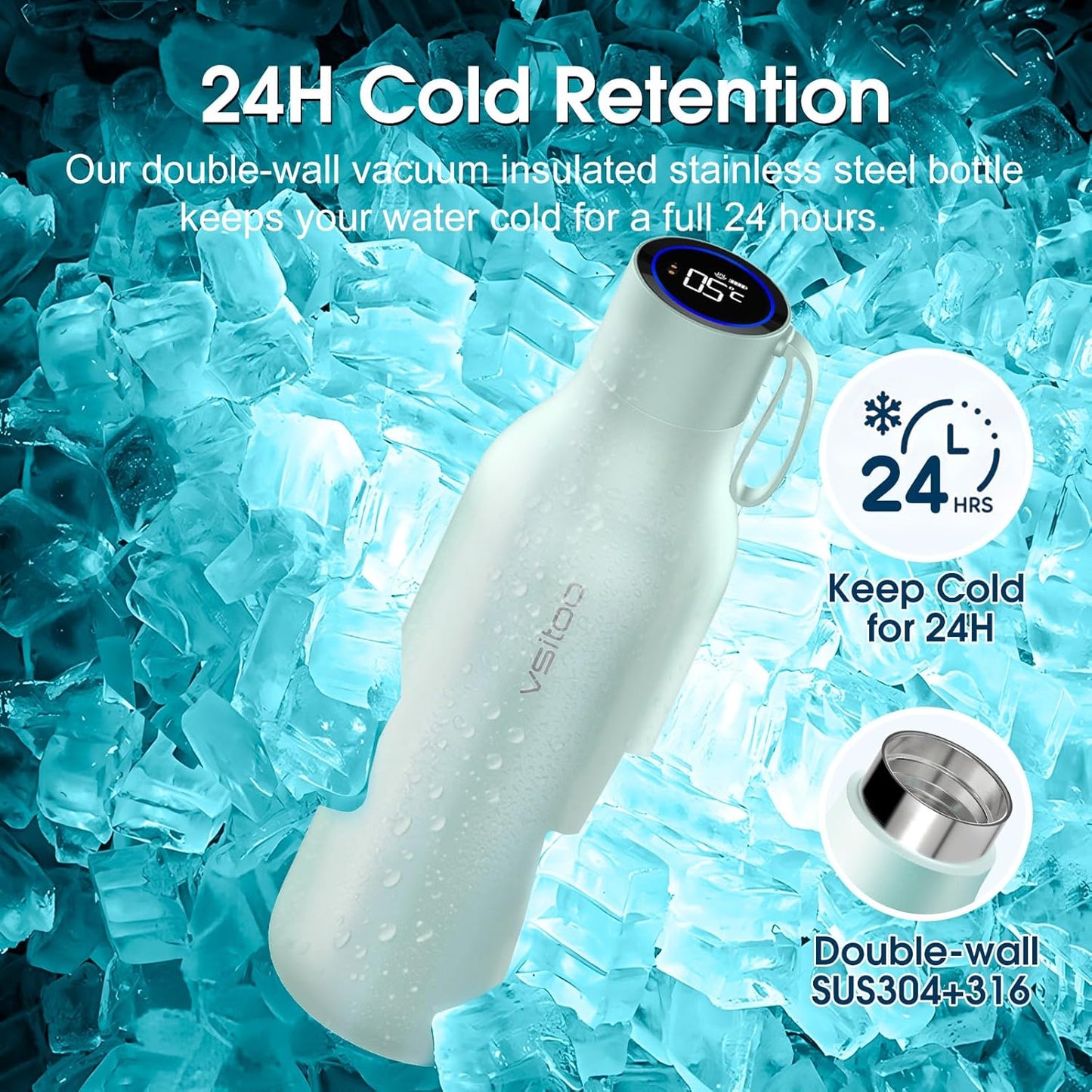 VSITOO 33oz Smart Self Cleaning Water Bottle,Insulated Water Bottle with Stainless Steel, BPA-Free, AI Self-Clean, 30-Day Battery, Magnetic Charging for Travel, Gym or Office, Blue