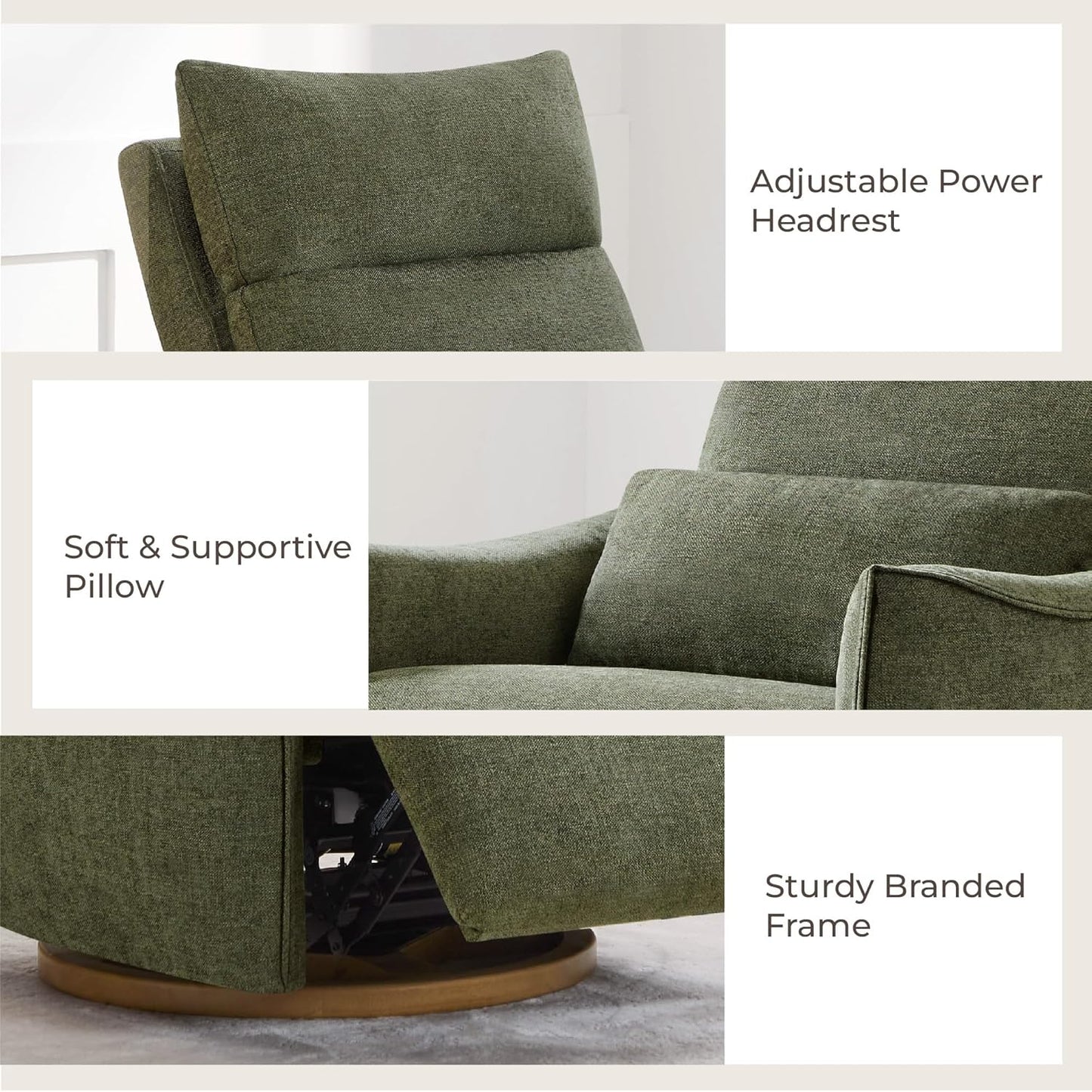 CHITA Swivel Rocker Recliner Chair, Power Nursery Glider Recliner, Nursery Rocking Chair with Adjustable Power Headrest, FSC Certified, Solid Wood Base, Moss Green