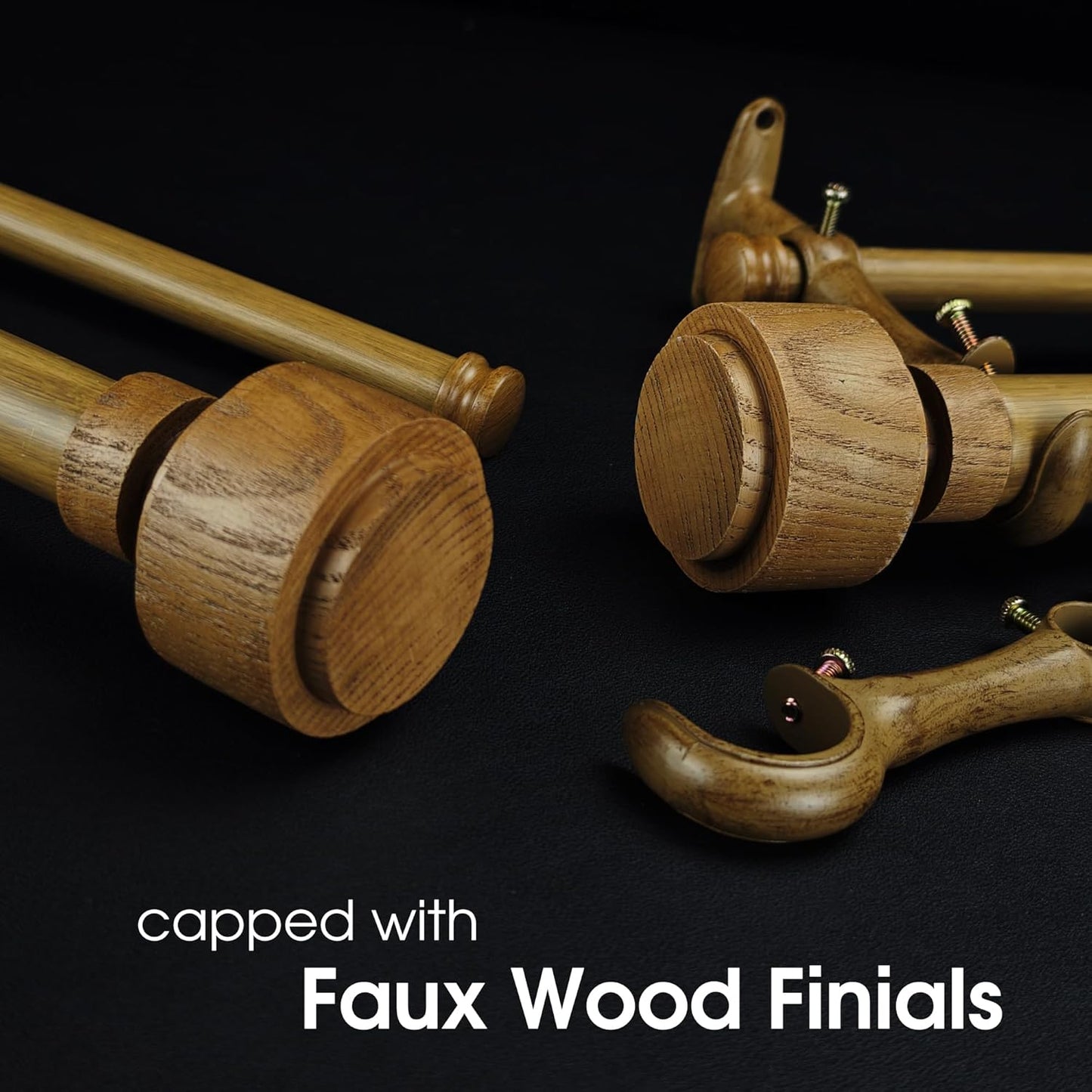 1-1/8 Inch Diameter Faux Wood Curtain Rod with Wood Grain Finials, 36-72 inch Telescoping Double Curtain Rods for window width 24-68 inch, 1 pack