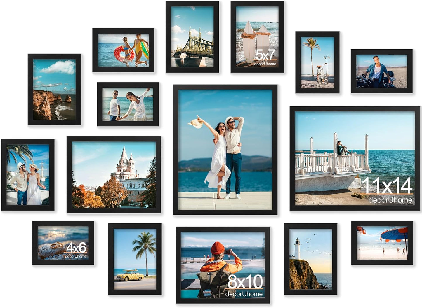 decorUhome Assorted Picture Frames Collage Wall Decor for Photo Gallery Display Set of 16 Including Two 11x14 / Two 8x10 / Six 5x7 / Six 4x6 for Family Wall Decor, Black, 16 Pack