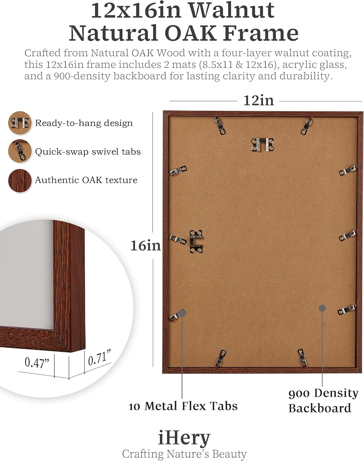 iHery Standard 12x16in Truly Natural OAK Wood Walnut Color Picture Frame with High Transparency Acrylic Glass Thickened Backboard, Photo Frames Sets Minimalistic Design Narrow Border 3Pack