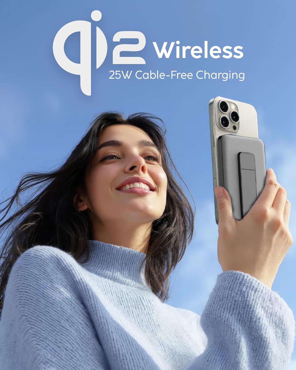 myCharge CliqLuxe 10,000mAh Wireless Magnetic Power Bank - Qi2.2 25W Ultra-Fast Wireless Charging | with Stand | 20W PD USB-C Port | Digital Battery Display | Premium Grey Fabric (Without Wall Plug)