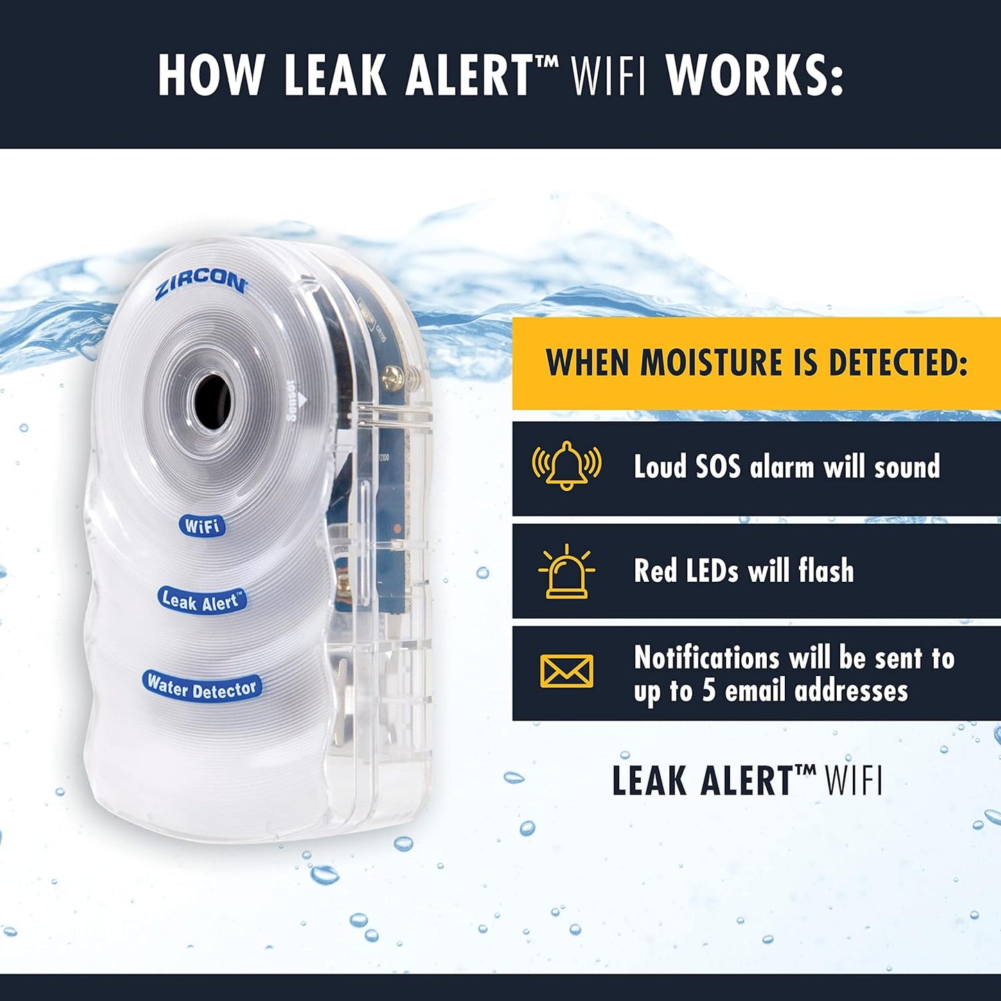 Zircon Leak Alert Wifi - Smart Electronic Water Detector Alarm with Email, Audio & Visual Alerts - Battery Included,White