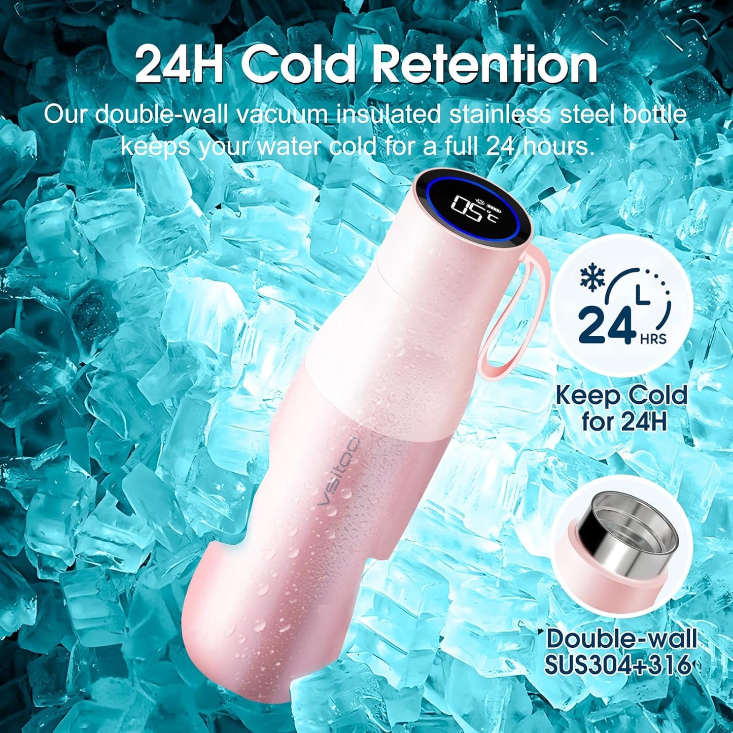 VSITOO 15oz Smart Self Cleaning Water Bottle,Insulated Water Bottle with Stainless Steel, BPA-Free, AI Self-Clean, 30-Day Battery, Magnetic Charging for Travel, Gym or Office, Pink