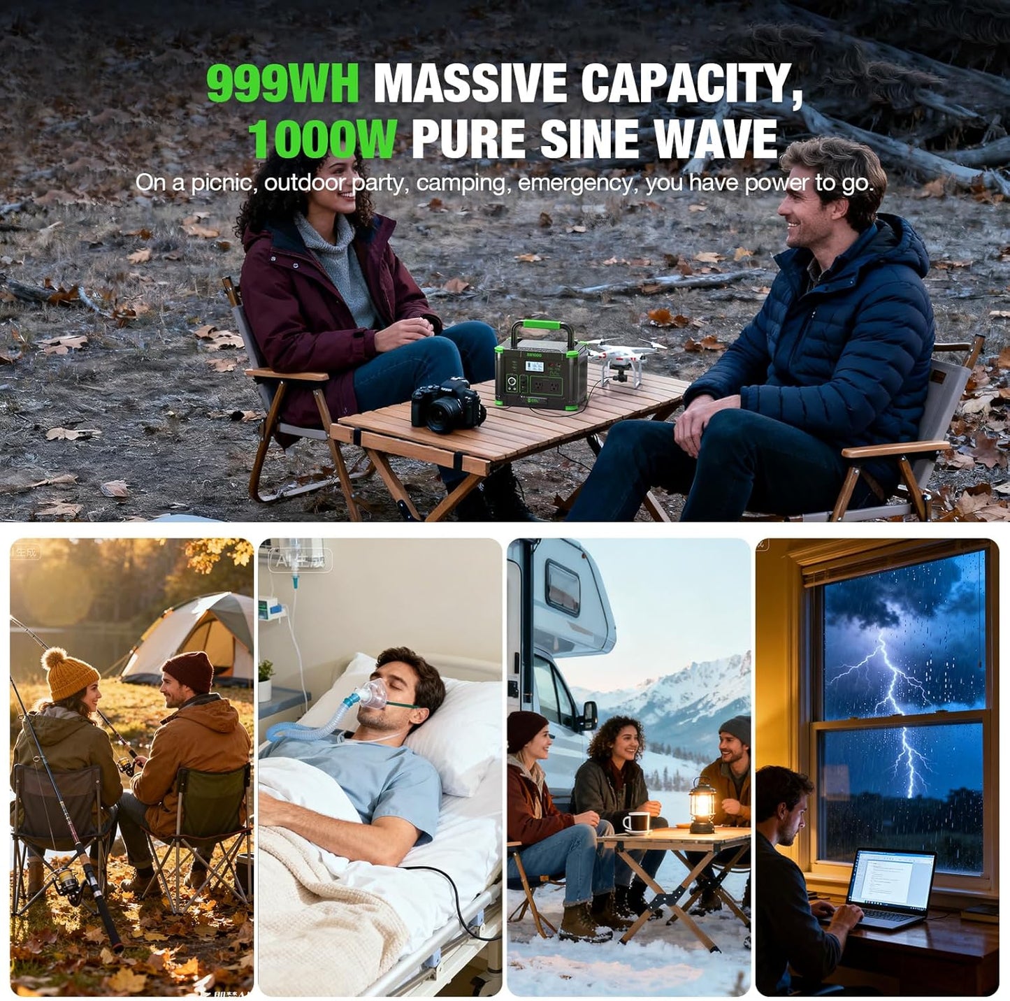 Solar Generator 1000W (Peak 2000W), EBL 999Wh Portable Power Station, 110V Pure Sine Wave AC Outlet with PD 60W USB-C Fast Charging, Outdoor Camping RV Van Home Backup Off-Grid Living