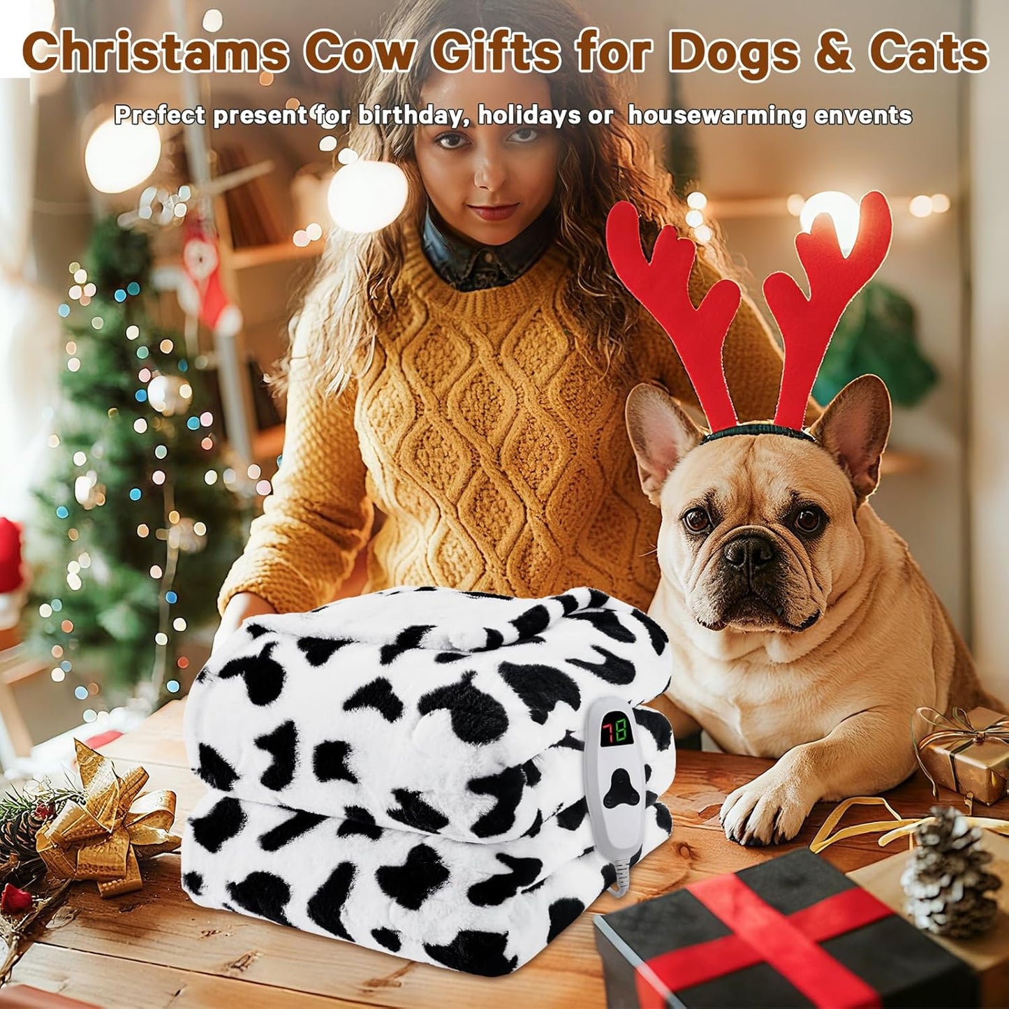 Black Heated Electric Blanket Throw,50X60 Cow Print Heating Blanket with 10 Heats Levels & 8 Hours Auto Off,Cute Cow Decor Stuff Soft Fleece Sherpa Blankets Warmer Gifts for Women Washable