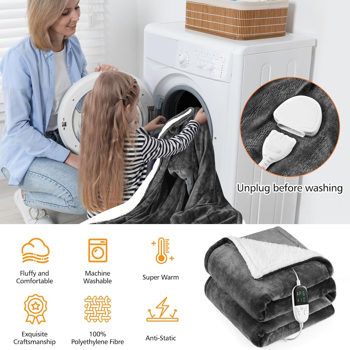 Heated Blanket Electric Throw 52"X60",Electric Blanket with Foot Pocket,6 Heat Settings & 1-10 Hours Time Settings Auto-Off,Machine Washable Heating Blanket for Home and Office (Gray)