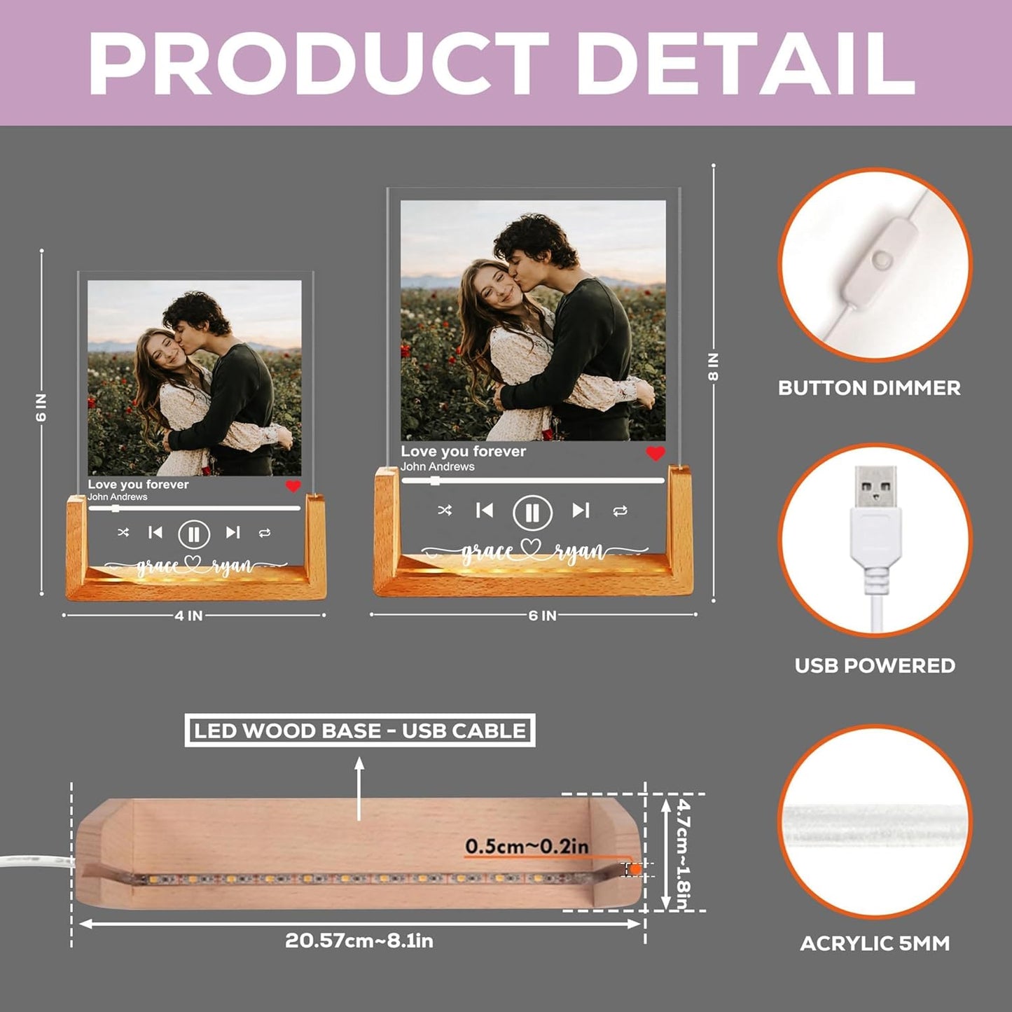 NAZENTI Personalized Couple Photo Frame with Light, Custom Picture Plaque with Stand, Couple Music Song Night Light, Gift for Him, Valentine Day Gifts for Girlfriend Boyfriend