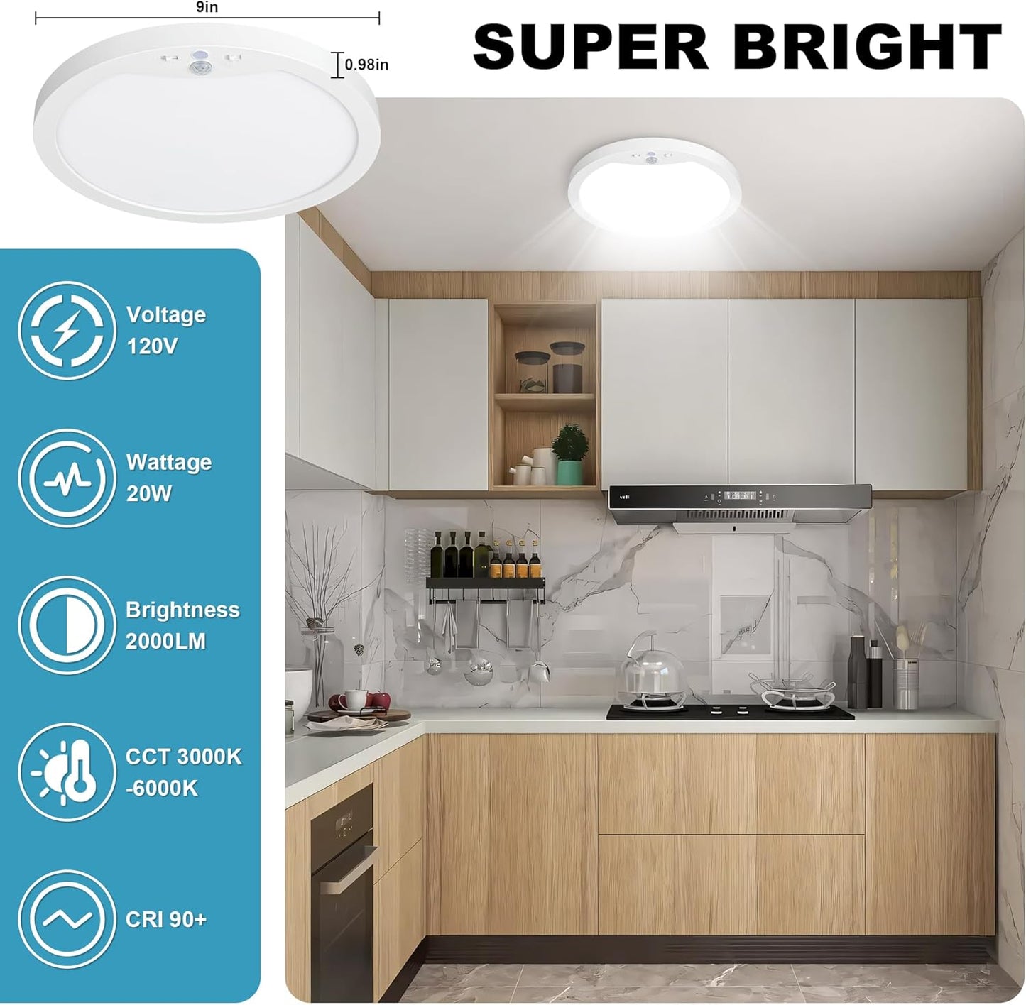 9Inch Motion Sensor Ceiling Light Hard-Wired, 20W Indoor Flush Mount LED Ceiling Light, 3000K 4000K 6000K 3CCT Adjustable for Closet Doorway Stairway Hallway, NOT Battery Operated