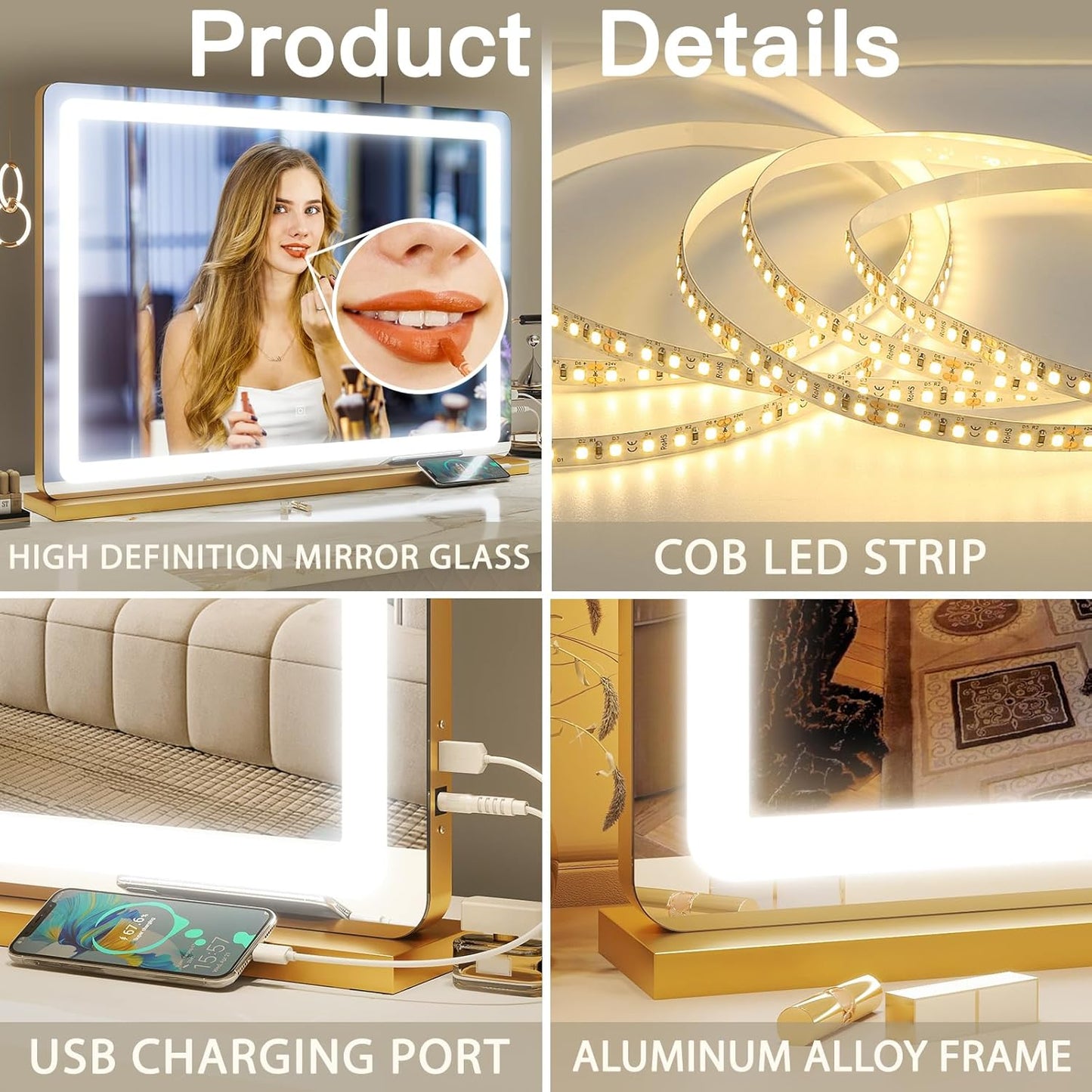 FENNIO Vanity Mirror with Lights 32"x22", Lighted Makeup Mirror, Large Vanity Mirror with Lights, Touch Sensor with 3 Color Lighting,USB Charging Port for Vanity Desk Tabletop(Gold)