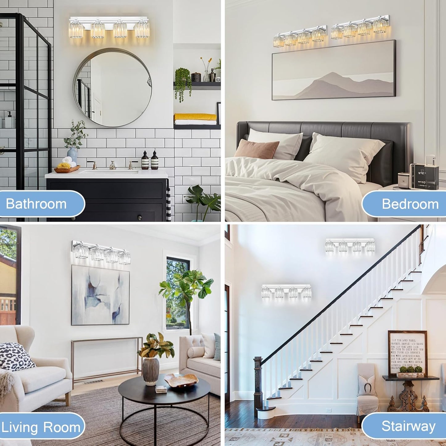 Crystal Bathroom Light Fixtures, 4 Light Chrome Vanity Lighting Over Mirror with Crystal Shades, Modern Bathroom Vanity Light for Restroom, Bath, Cabinet and Powder Room