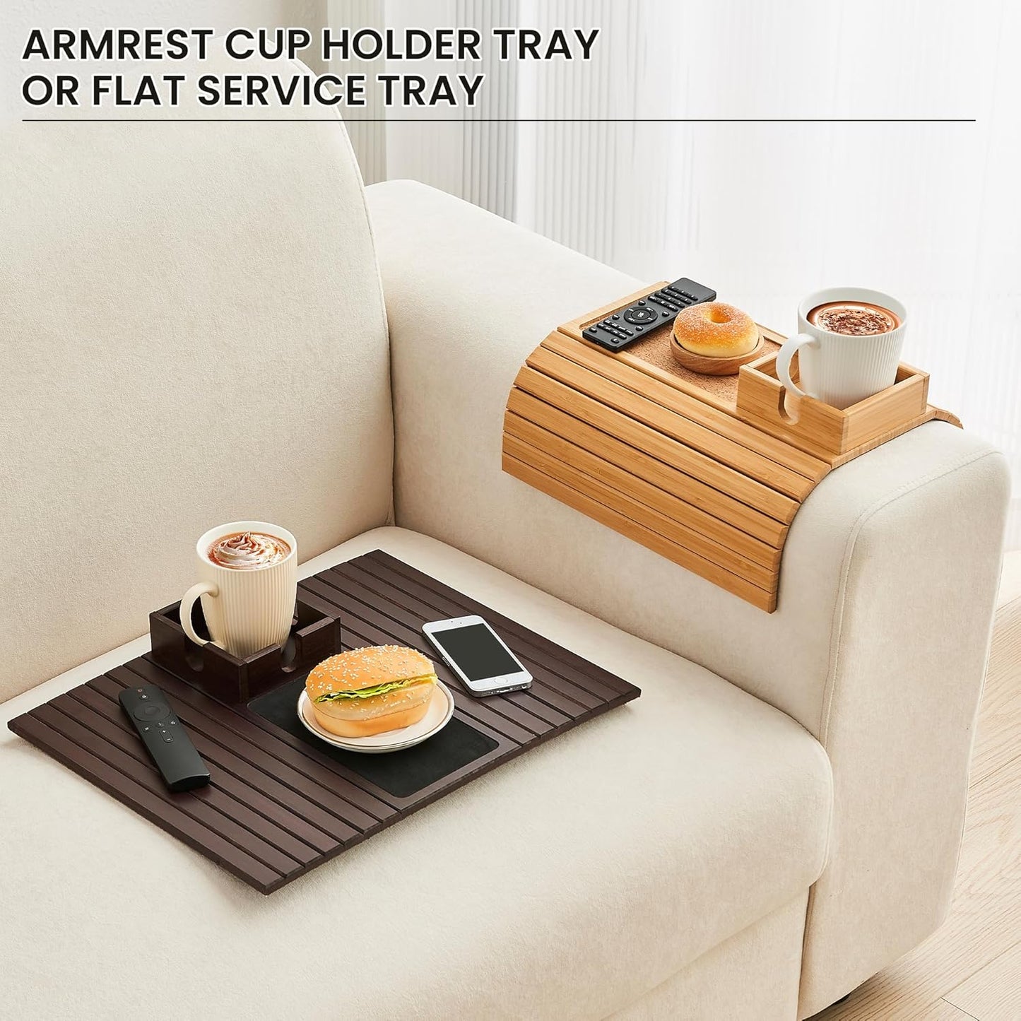 Bamboo Couch Cup Holder, Foldable Sofa Arm Tray, Anti-Slip Couch Aremrest Tray Table for Drink, Cup, Remote, Snacks, Cellphone, Portable, Bamboo/Cork Color