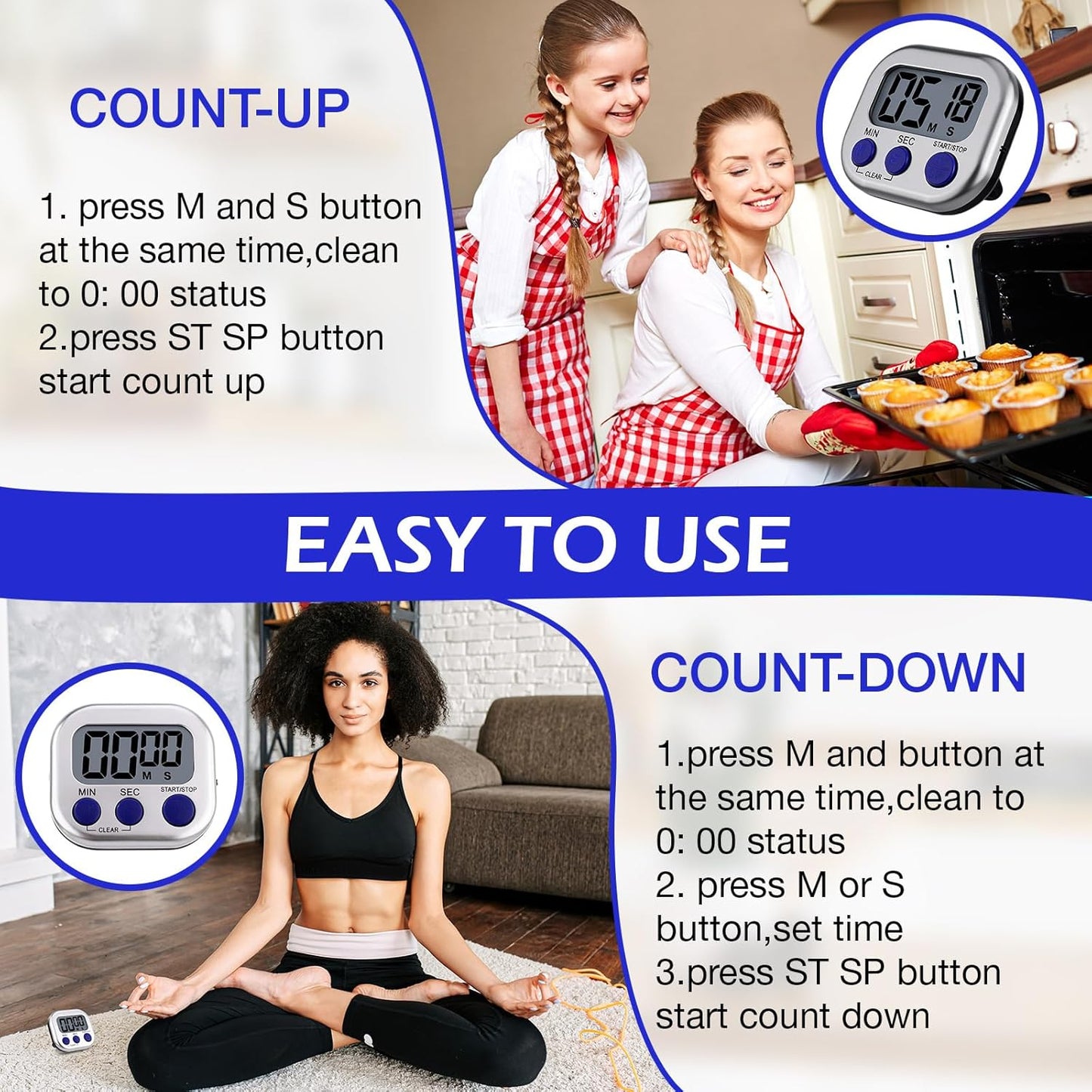 Leumoi 24 Pcs Digital Kitchen Timers Magnetic Back Timers Bulk Large Screen Loud Alarm On/Off Switch Minute Second Count up Countdown Memory Setting for Cooking Classroom Exercise (Sliver and Blue)