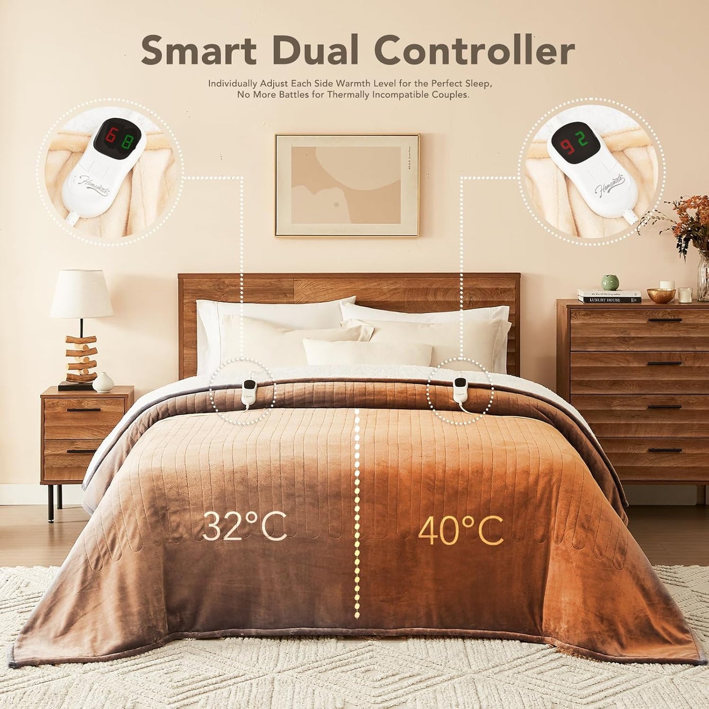 Homemate Heated Electric Blanket Queen Size - 84"x90" Heating Bed Blanket Throw with 10 Heating Levels 8 Hours Auto Off Fast Heating Over-Heat Protection Ultra Soft Flannel ETL Certified, Beige
