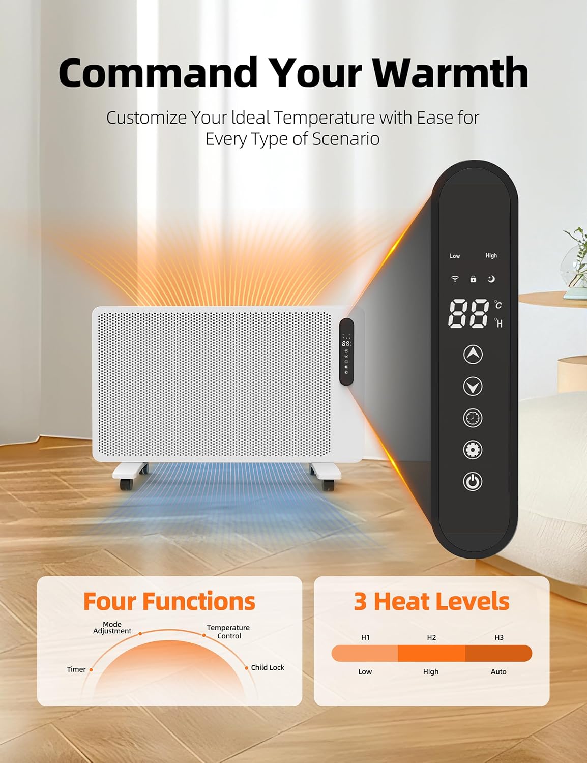 Mica Infrared Space Heater for Indoor Use, Large Room Wall Mount or Portable Panel Heater with WiFi Smart App & Alexa Control, Fast Heating, Energy Efficient, Quiet, White