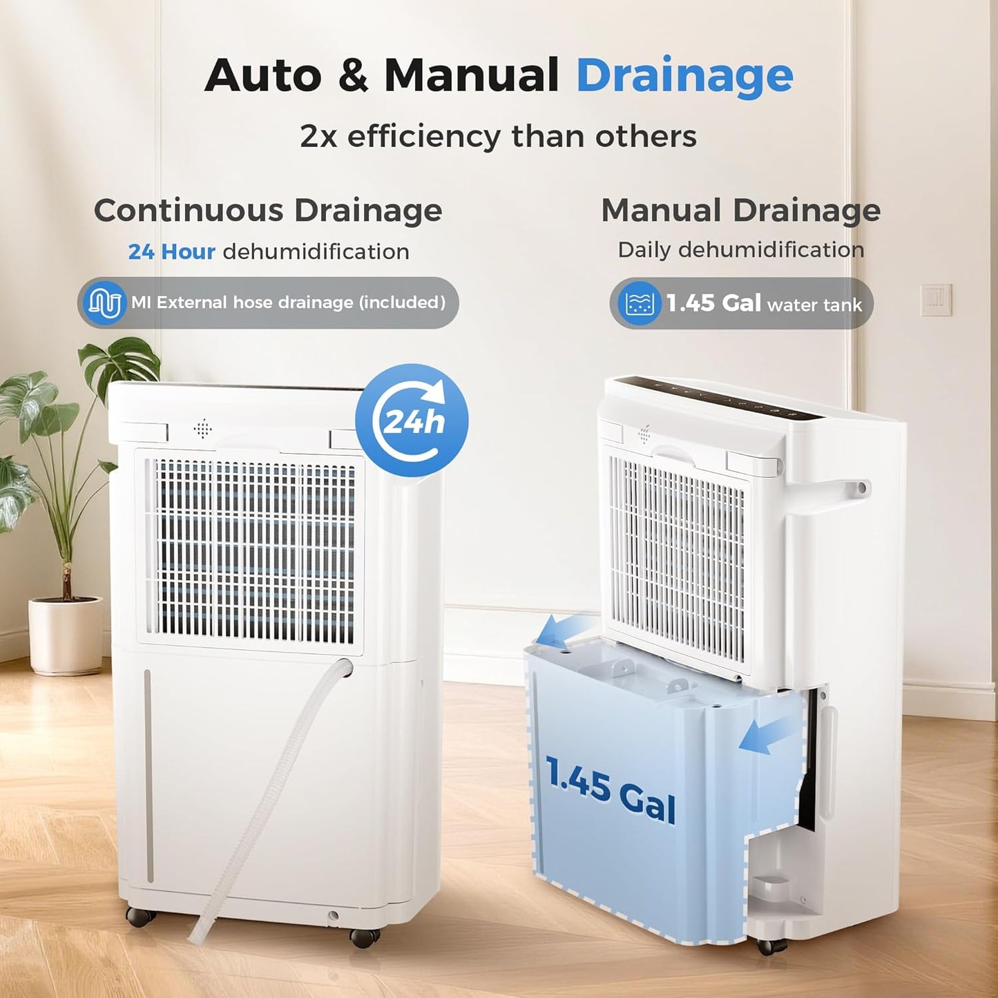 6,500 Sq Ft Smart Home Dehumidifier with Drain Hose, 1.45 Gallons Water Tank, 24 Hr Timer, 60 Pints, High Efficiency Compressor for Large Rooms,Basements, Bathrooms and Bedrooms