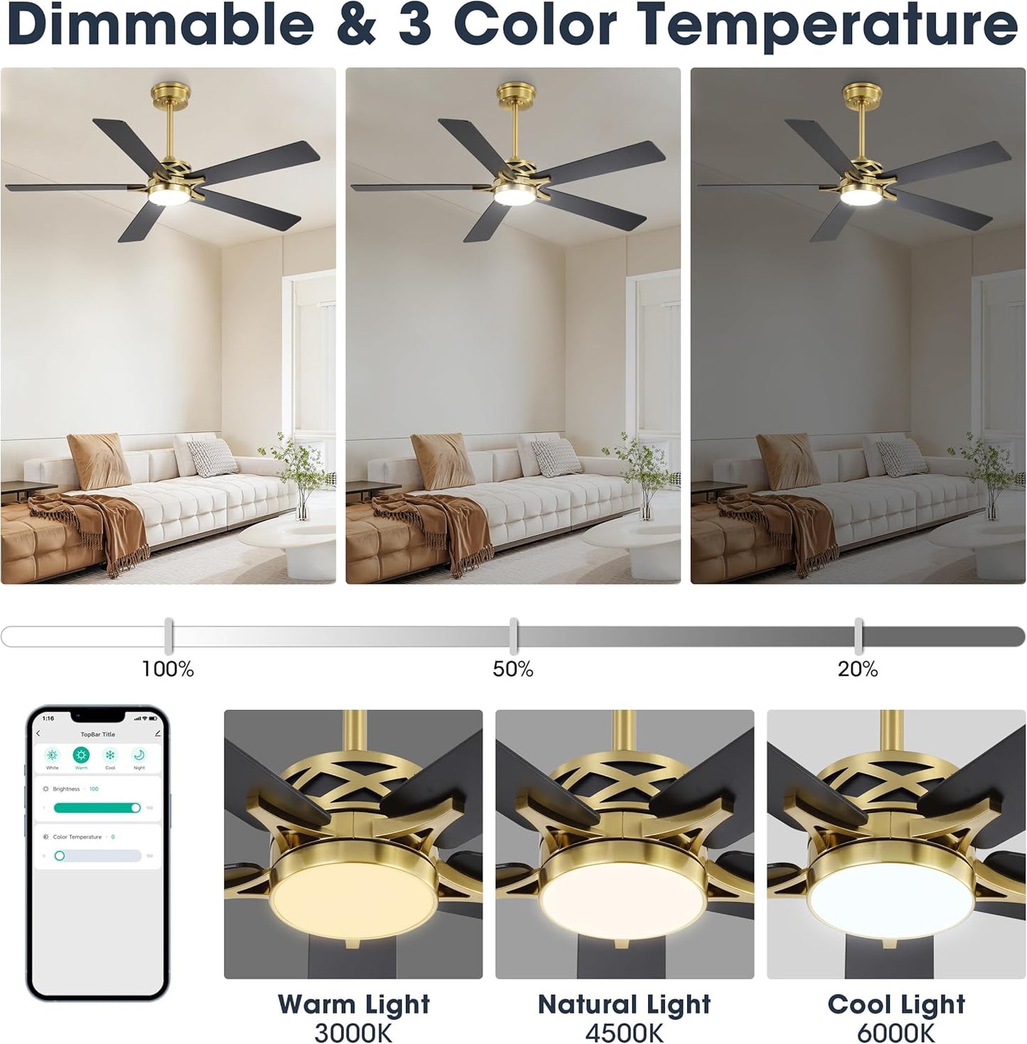 WINGBO 52" Smart Ceiling Fan with Lights, 5 Plywood Blades, 6 Speeds Reversible DC Motor, Works with Alexa and Google Assistant, 3CCT Dimmable LED Ceiling Fan for Bedroom Living Room, Brass and Black