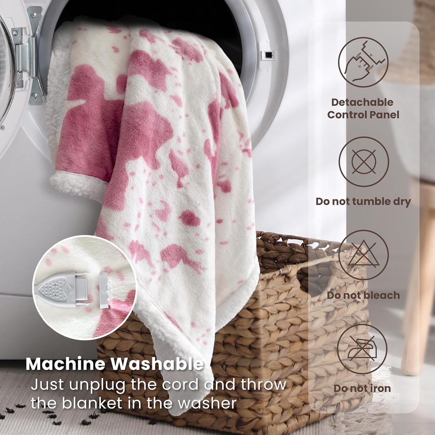 Cow Print Heated Electric Blanket King Size-Heating Blanket King Size with 10 Heat Levels & 10 Hours Auto-Off, Cozy Soft Fleece Sherpa, Washable, 90x100 Inche Cow Print Pink