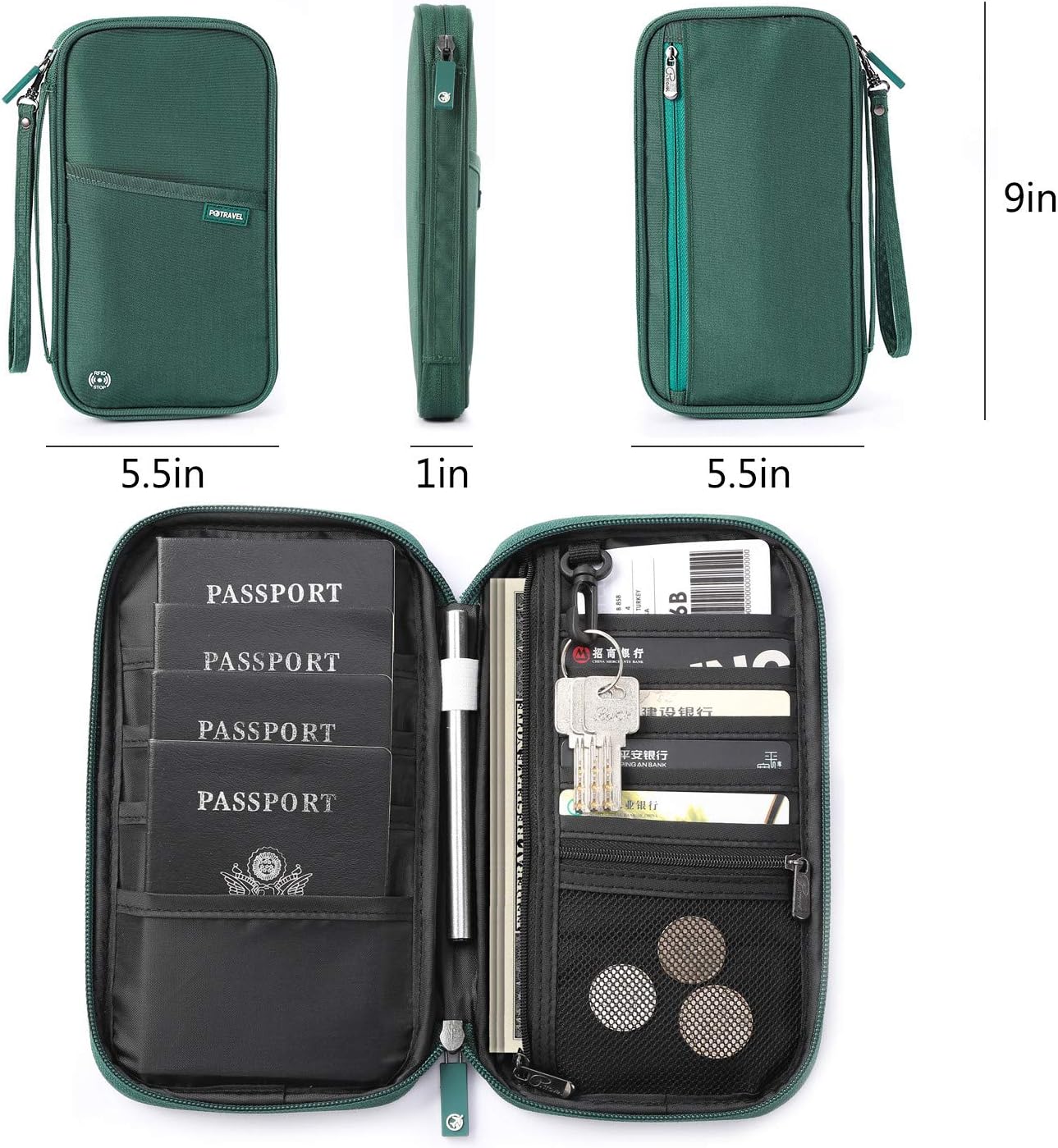 VanFn RFID Travel Passport Wallet, Family Passport Holder, Trip Document Organizer P.Travel Series (Nylon - Green)