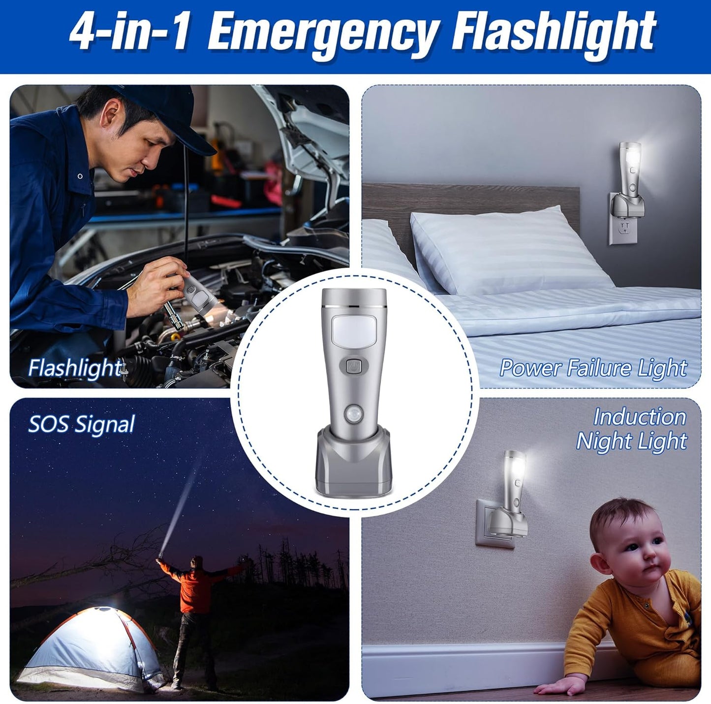 Enhon 4 Pack Rechargeable 4-in-1 LED Emergency Lights, Plug-in Flashlights with Motion Sensor Night Light, Auto-On Power Failure Light for Home, Hurricane, and Outage Supplies