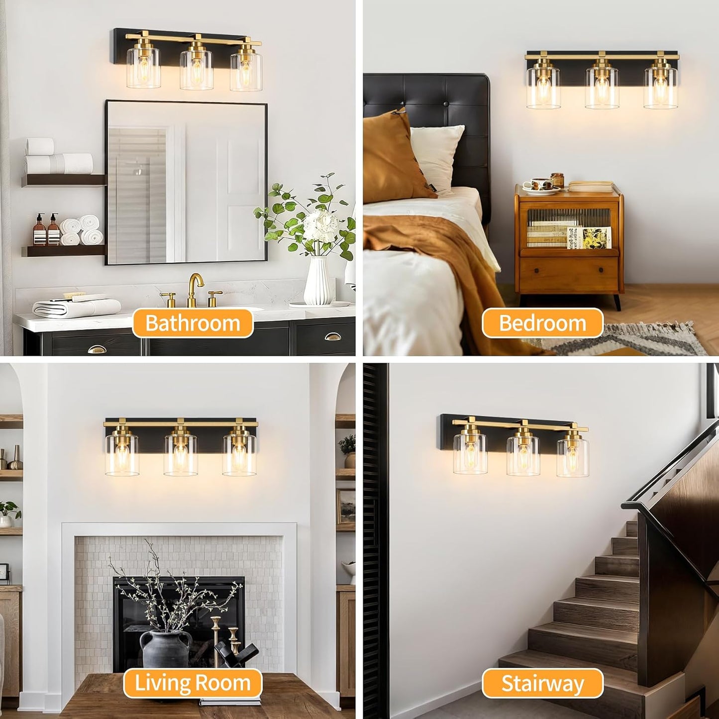 3 Light Modern Bathroom Light Fixtures Over Mirror, Black Gold Vanity Lights for Bathroom Wall Sconces with Clear Glass Shades, E26 Socket (Bulbs Not Included)